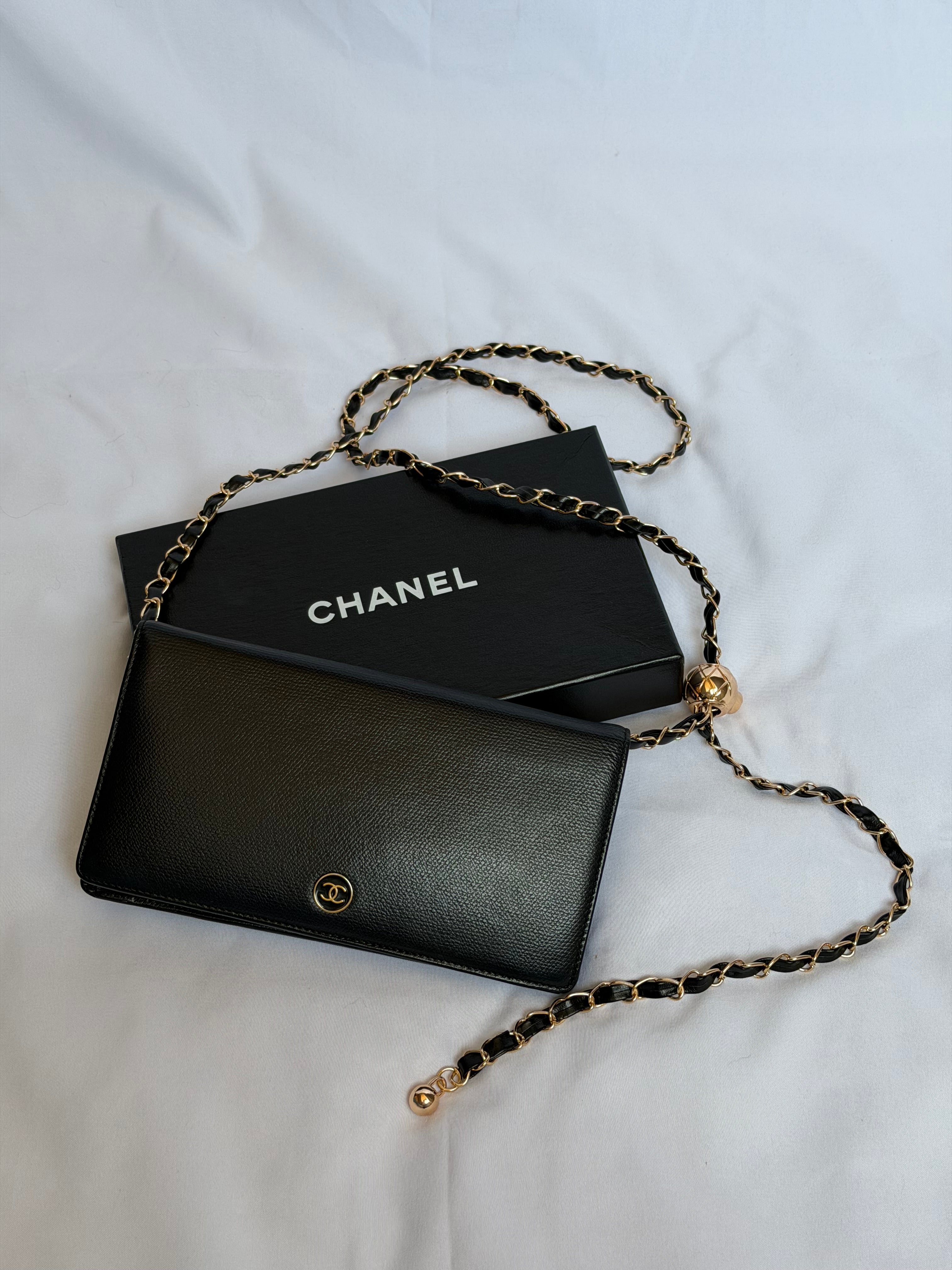 Chanel Wallet on Chain WOC in Black Leather with Gold Logo & Chain