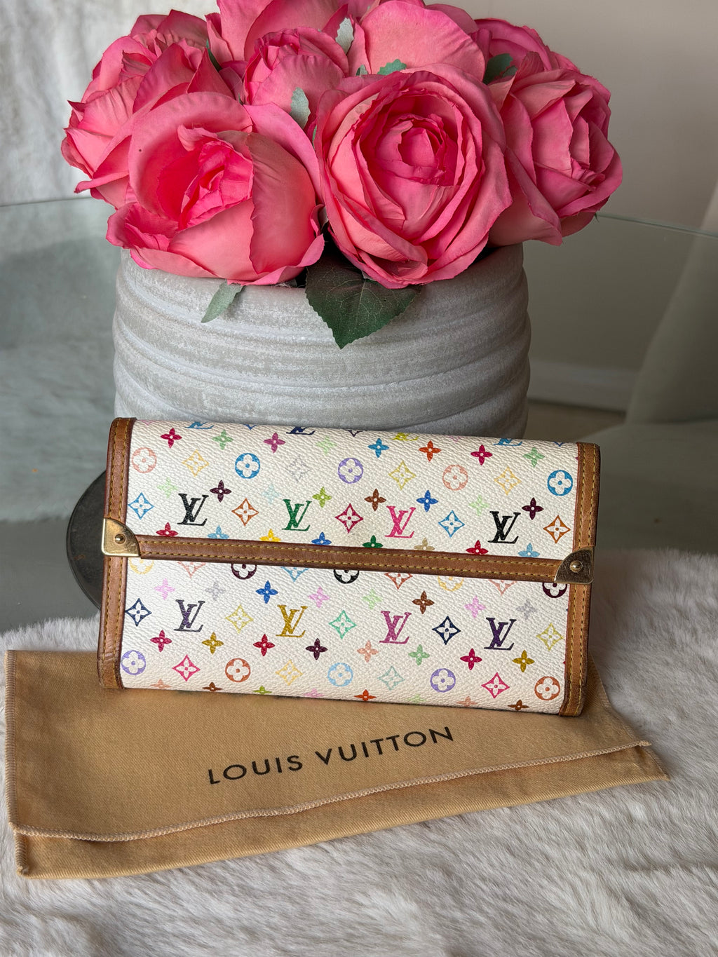 Louis Vuitton X Takashi Murakami Trifold Sarah Wallet in White Multicolour Monogram Canvas
