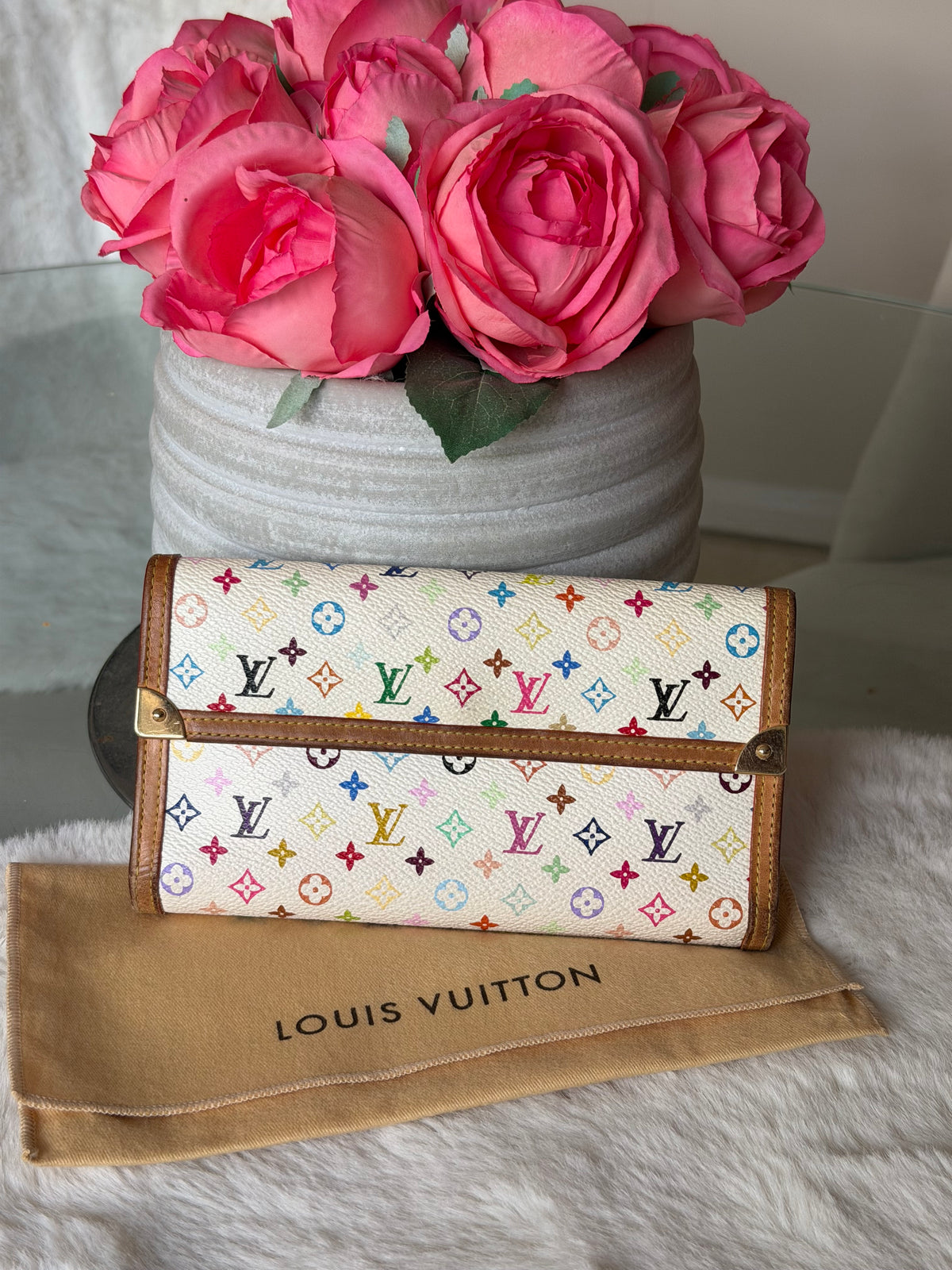 Louis Vuitton X Takashi Murakami Trifold Sarah Wallet in White Multicolour Monogram Canvas