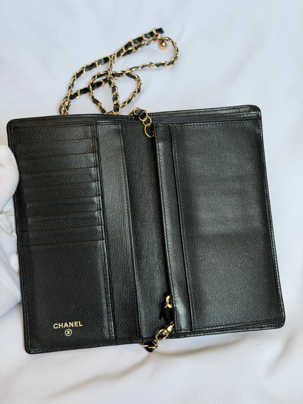 Chanel Wallet on Chain WOC in Black Leather with Gold Solid Logo