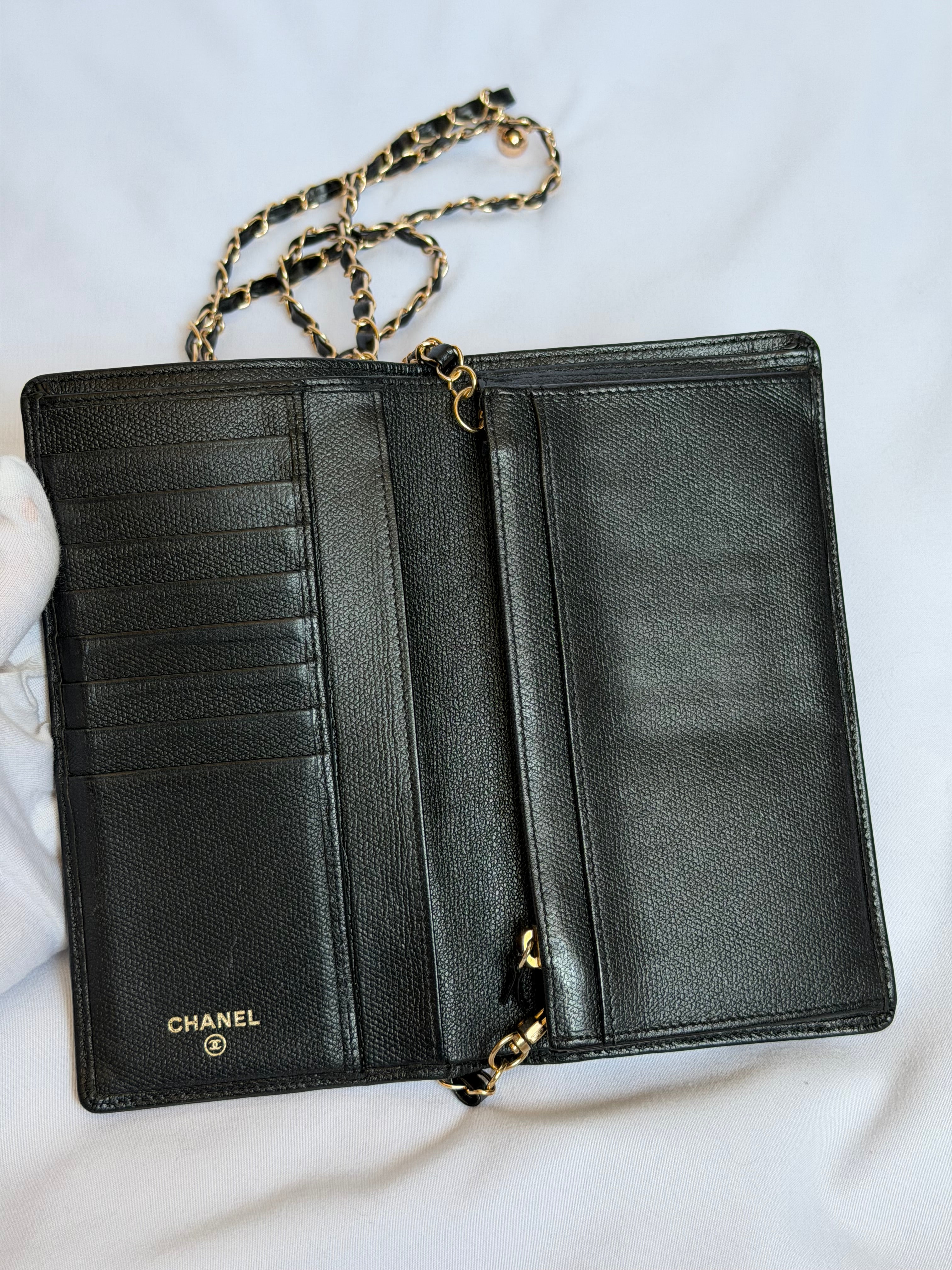 Chanel Wallet on Chain WOC in Black Leather with Gold Solid Logo