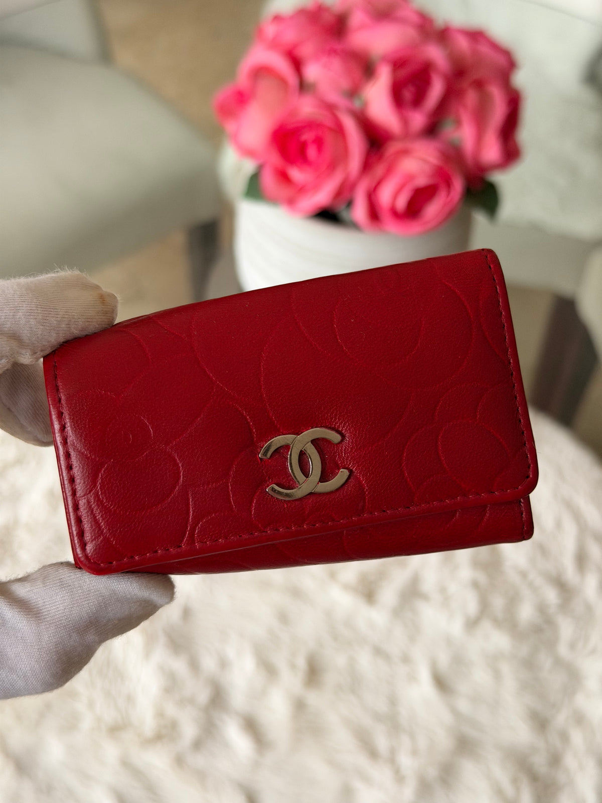 Chanel Red and Silver 6 Key Holder Wallet