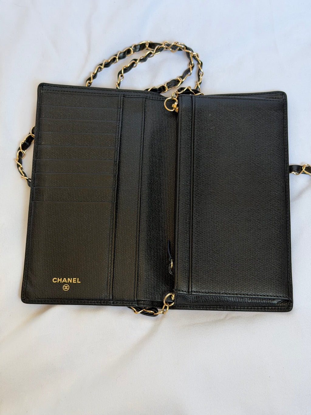 Chanel Wallet in Chain WOC in Black Leather, Gold Logo & Chain