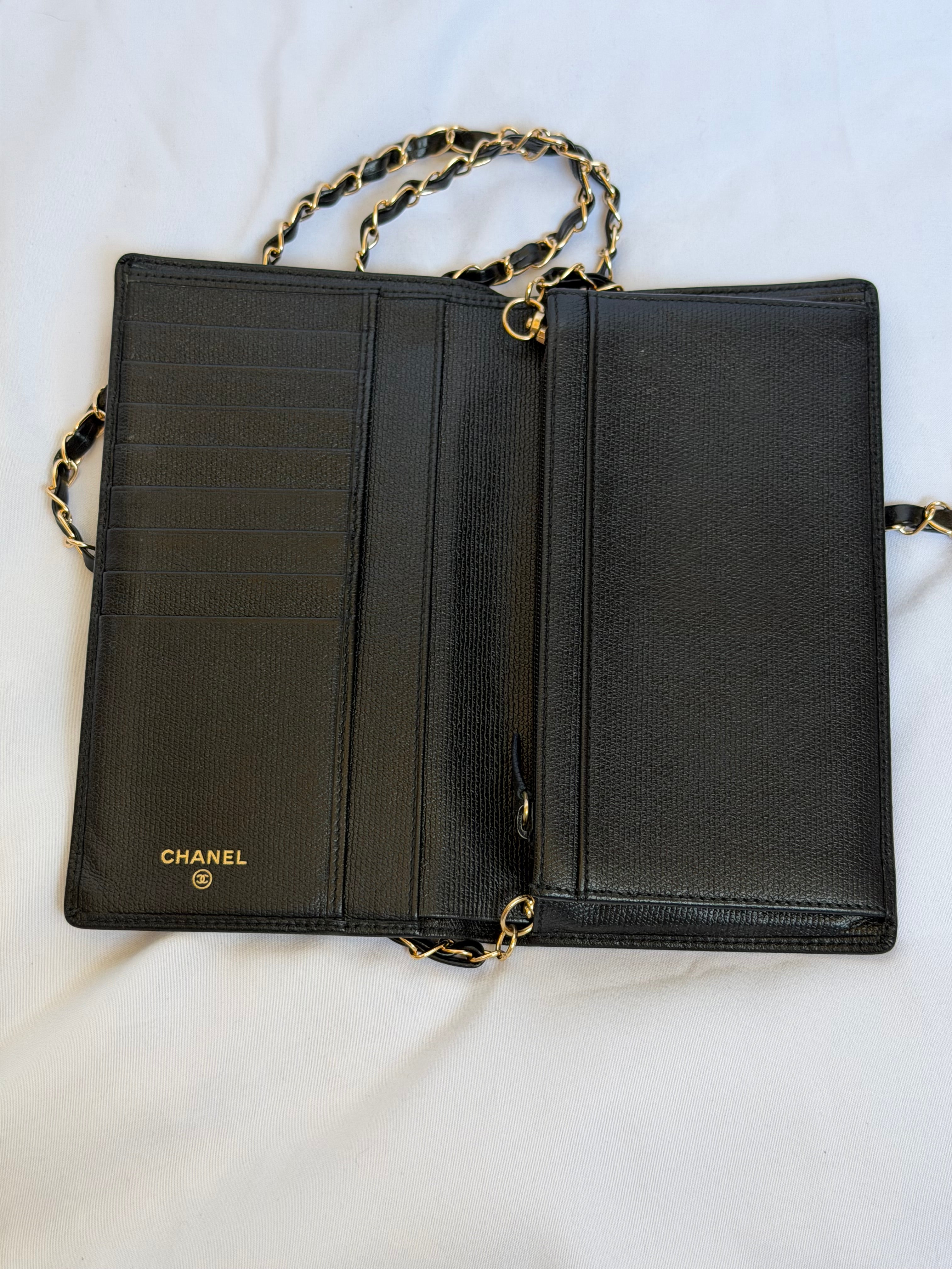Chanel Wallet in Chain WOC in Black Leather, Gold Logo & Chain