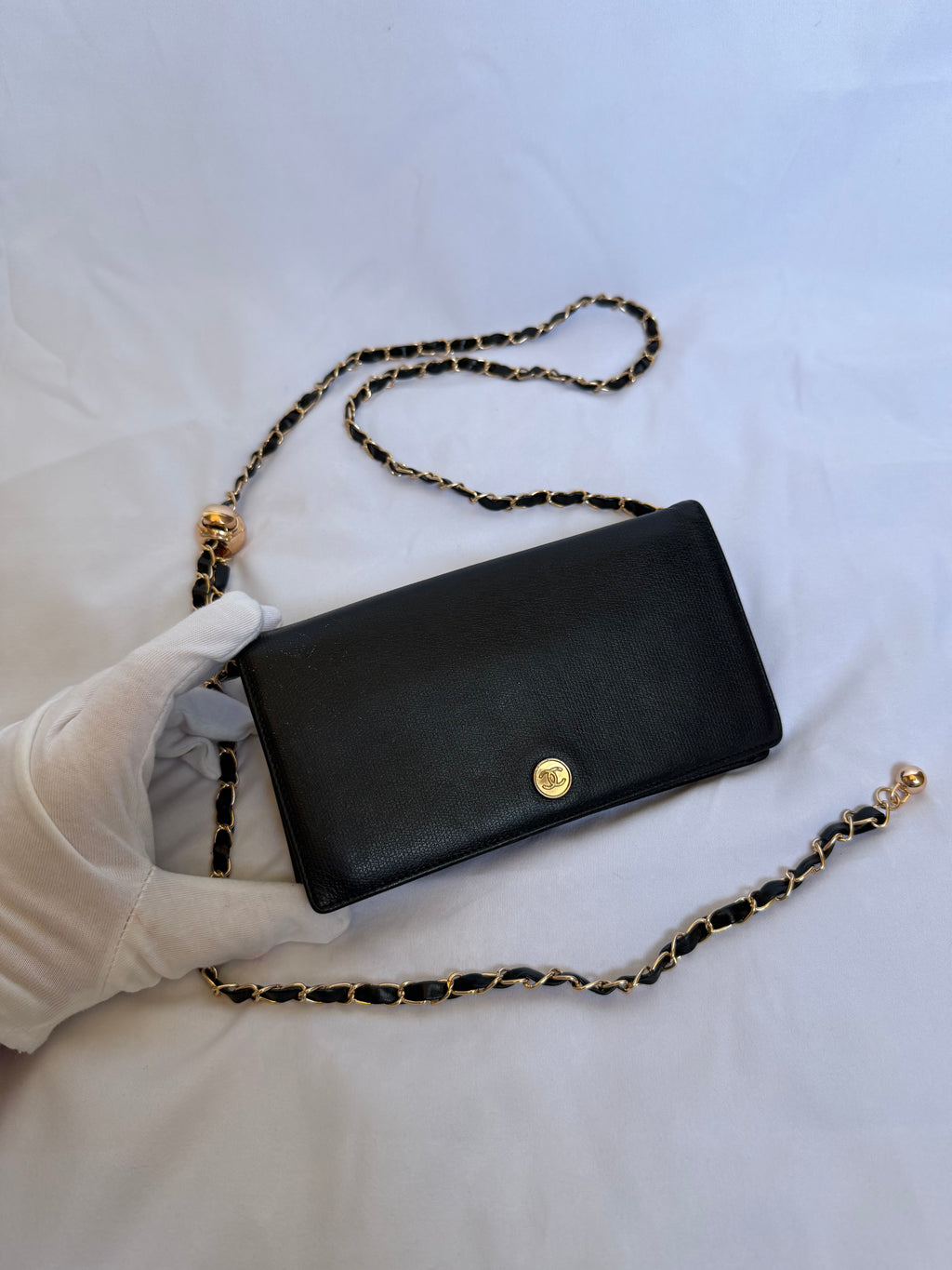 Chanel Wallet in Chain WOC in Black Leather, Gold Logo & Chain