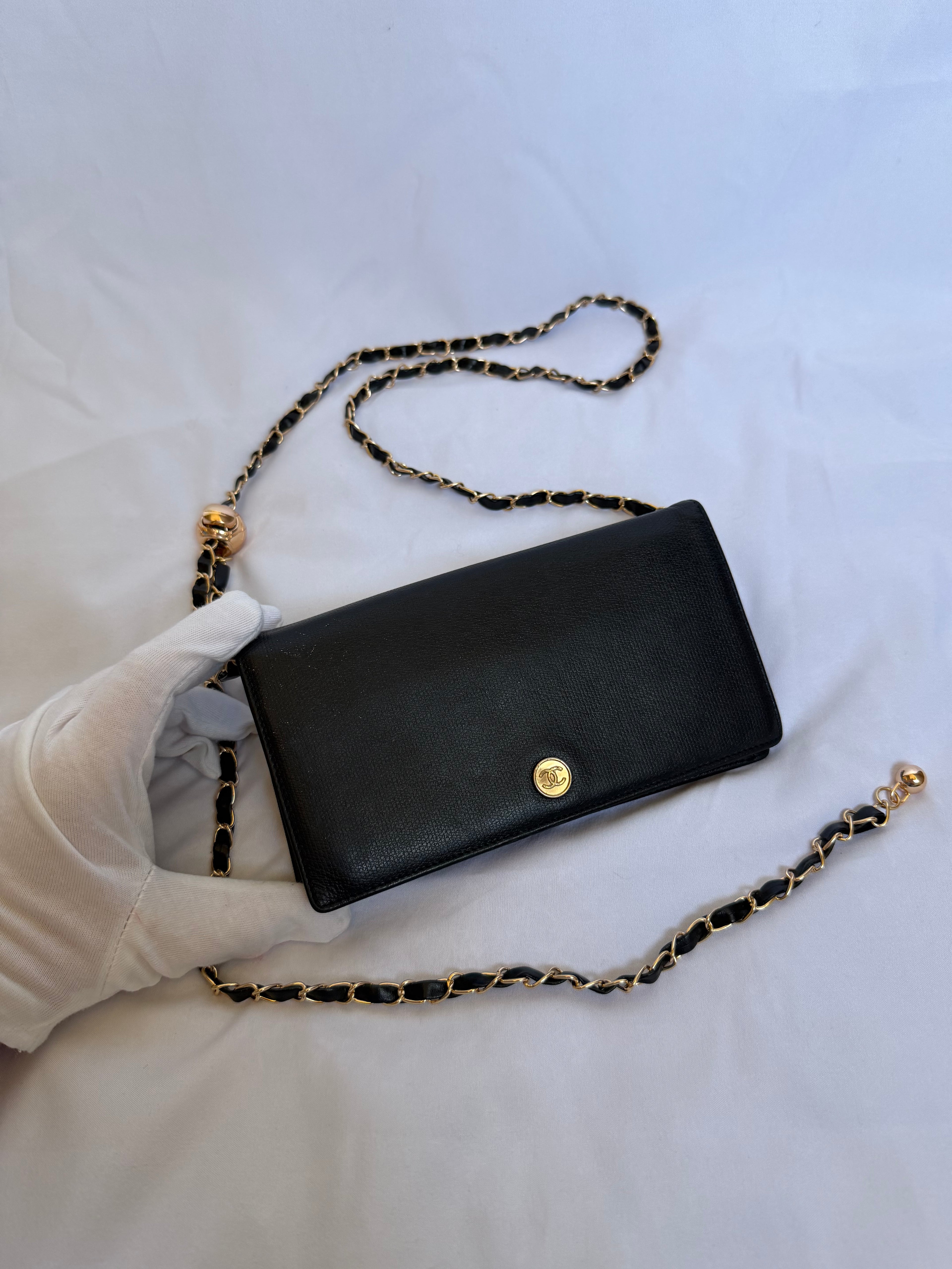 Chanel Wallet in Chain WOC in Black Leather, Gold Logo & Chain