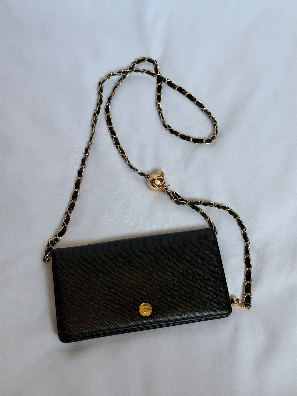 Chanel Wallet on Chain WOC in Black Leather with Gold Solid Logo