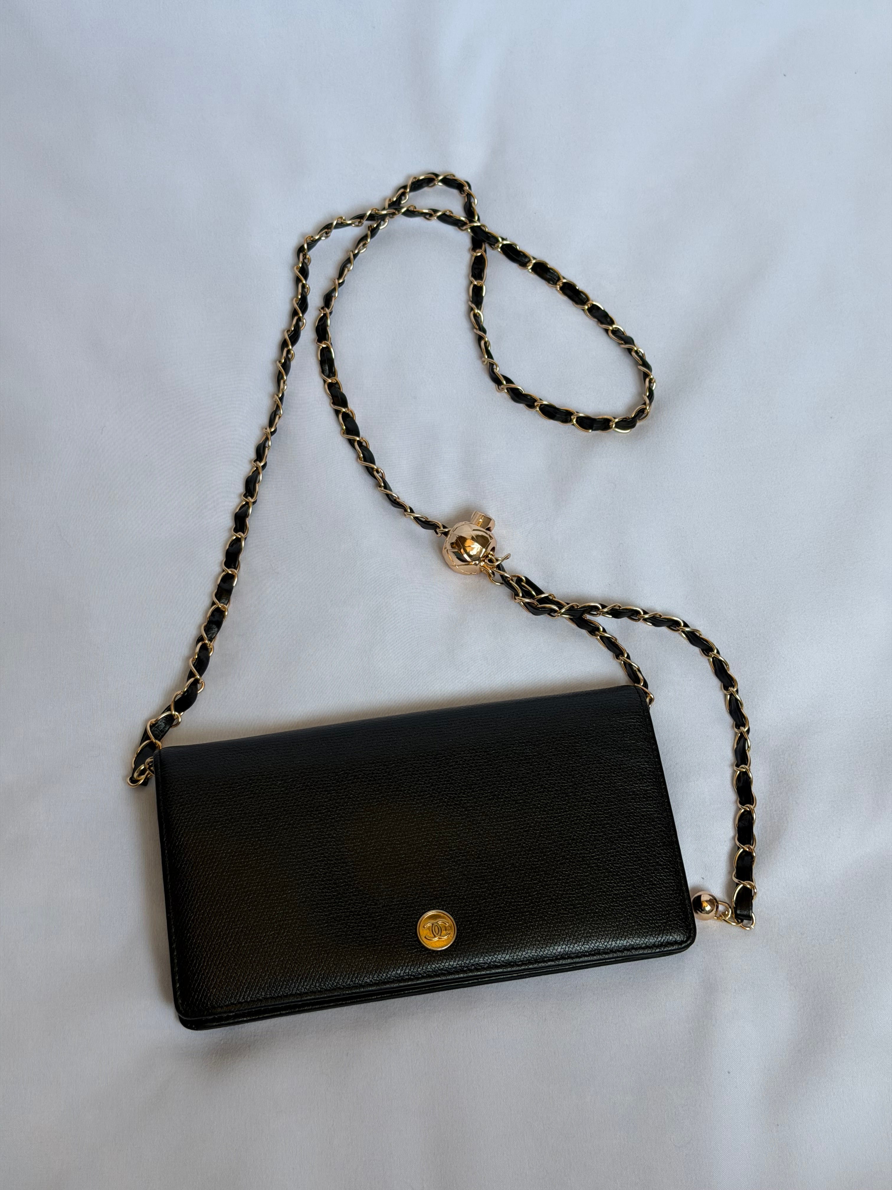 Chanel Wallet on Chain WOC in Black Leather with Gold Solid Logo