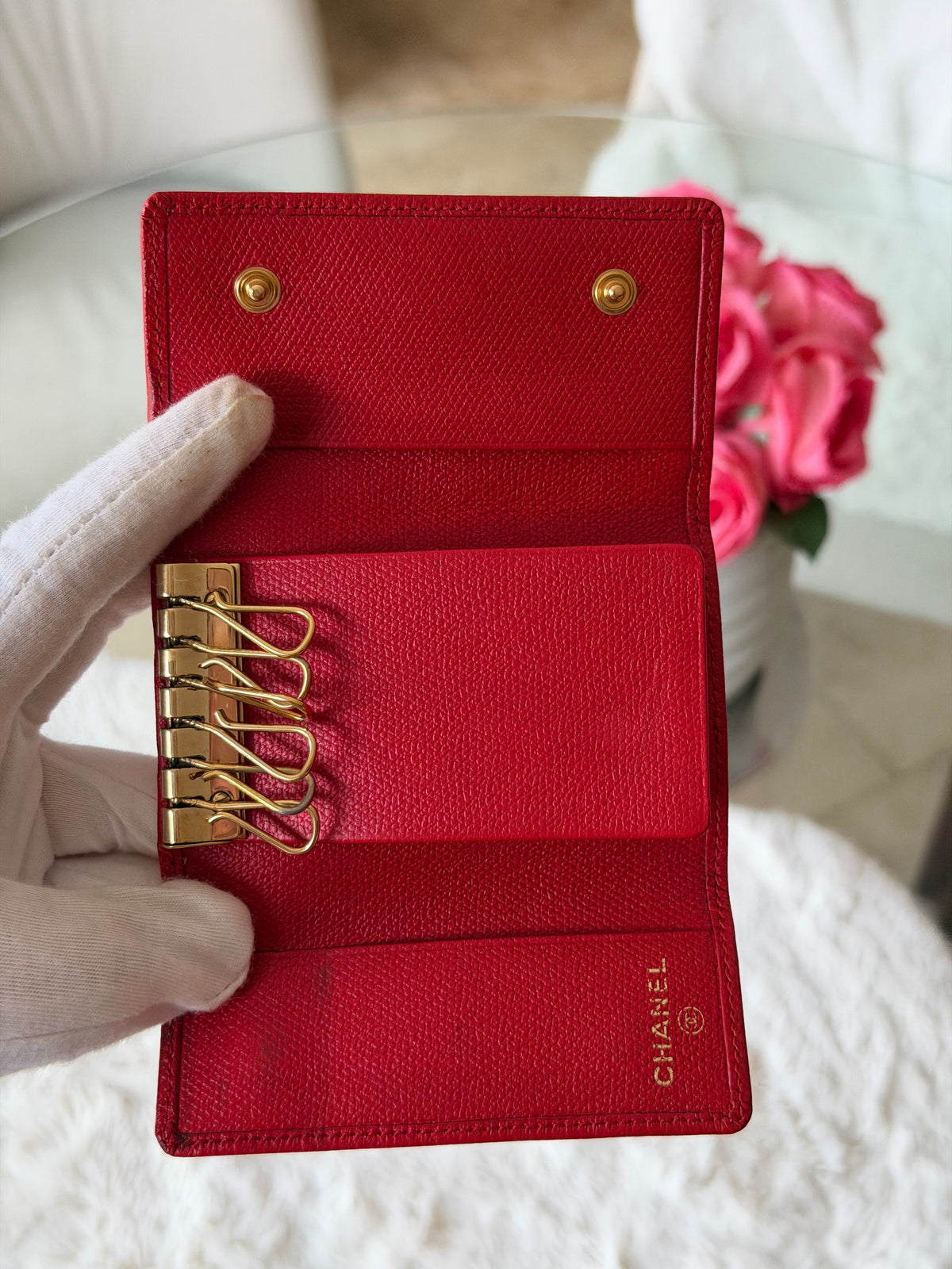 Chanel Red and Gold Leather 6 Key Holder Wallet