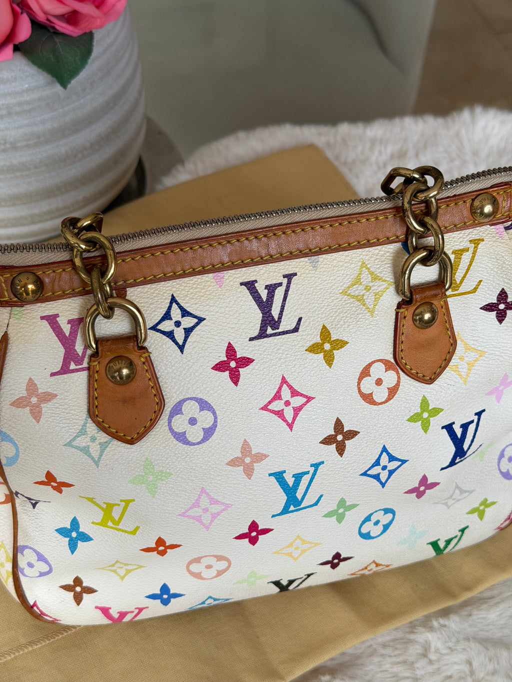 Louis Vuitton X Takashi Murakami Gracie MM in White Multicolour Monogram Canvas