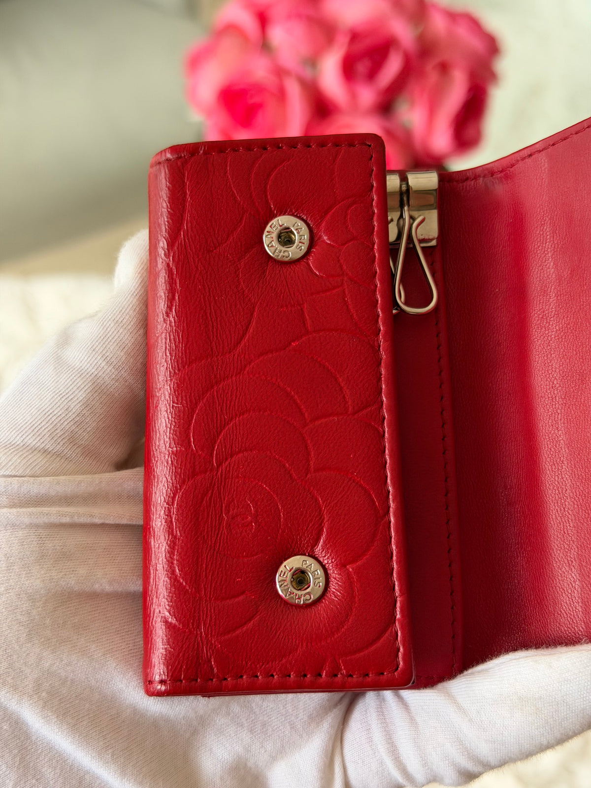 Chanel Red and Silver 6 Key Holder Wallet