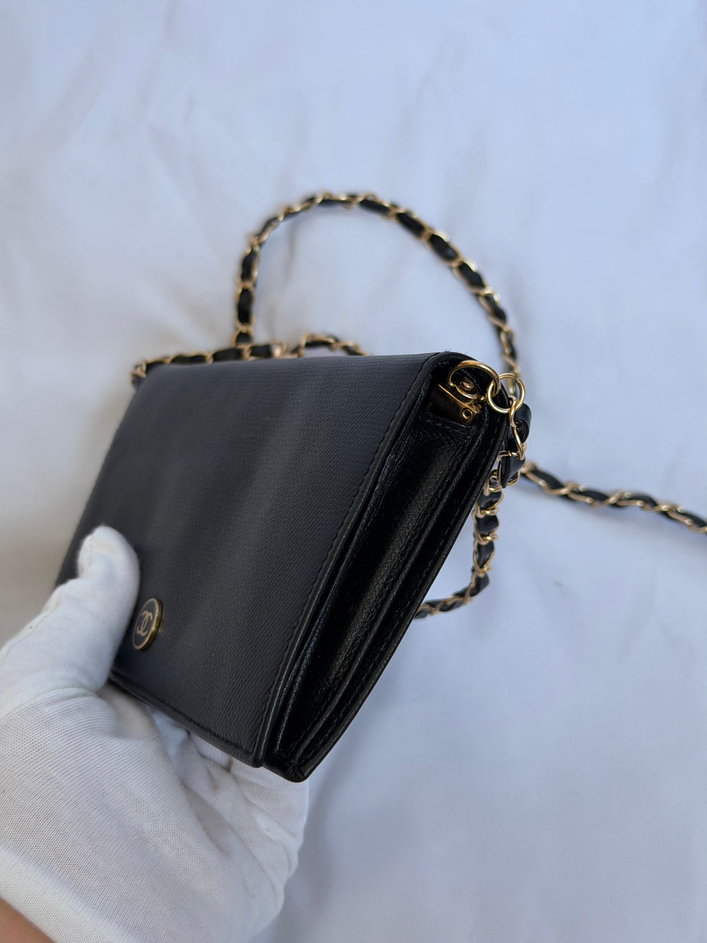 Chanel Wallet on Chain WOC in Black Leather, Gold Logo & Chain