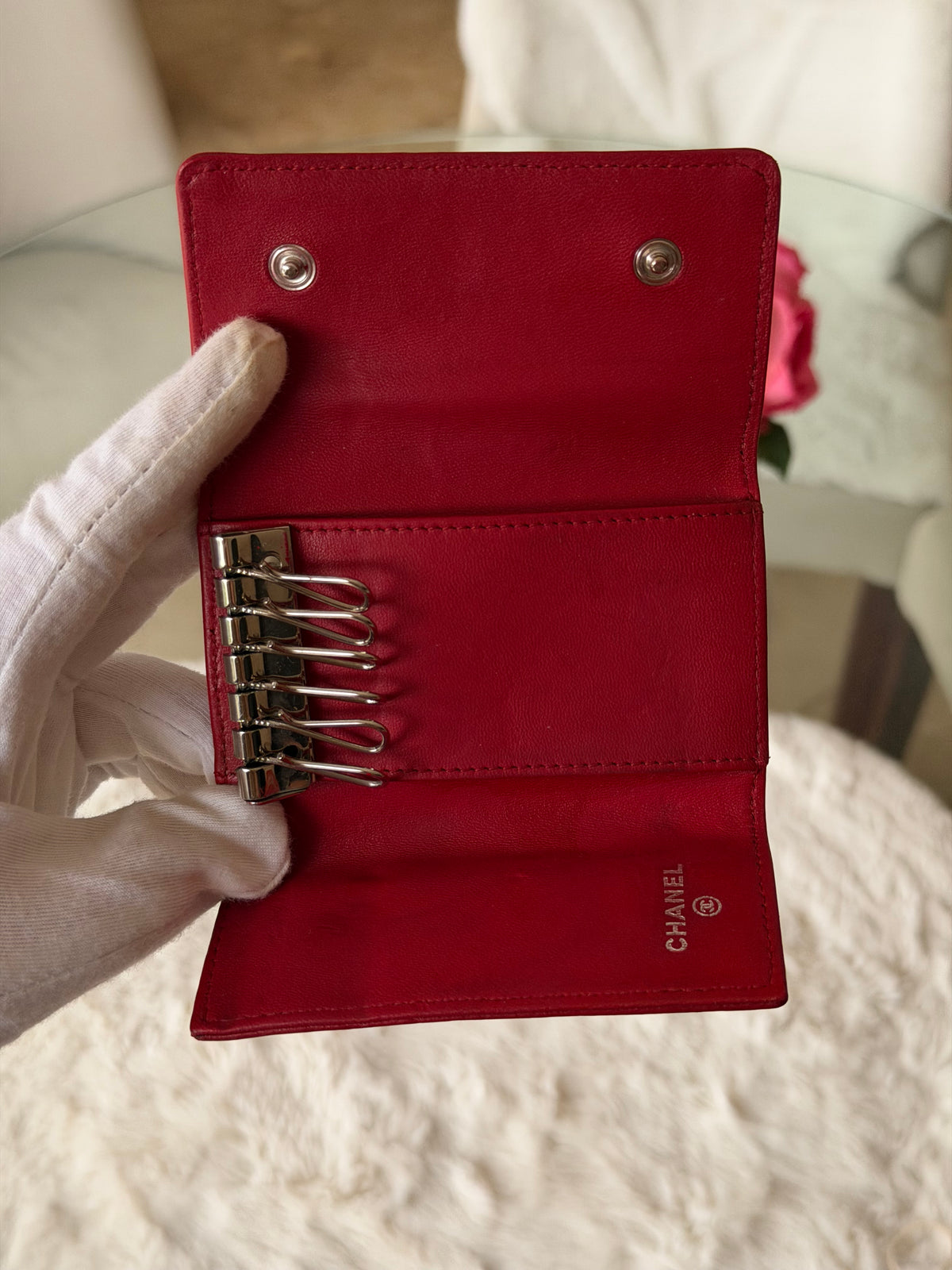 Chanel Red and Silver 6 Key Holder Wallet