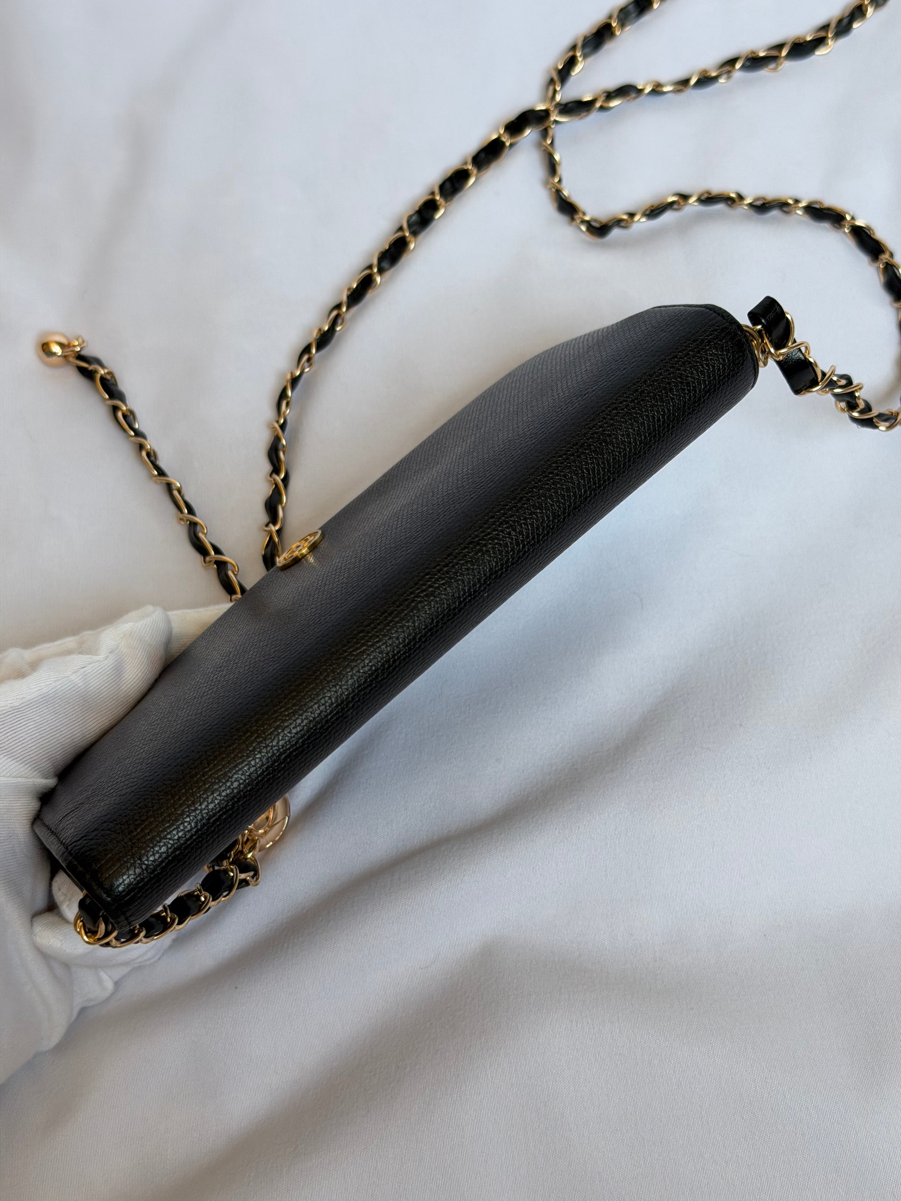 Chanel Wallet on Chain WOC in Black Leather with Gold Solid Logo