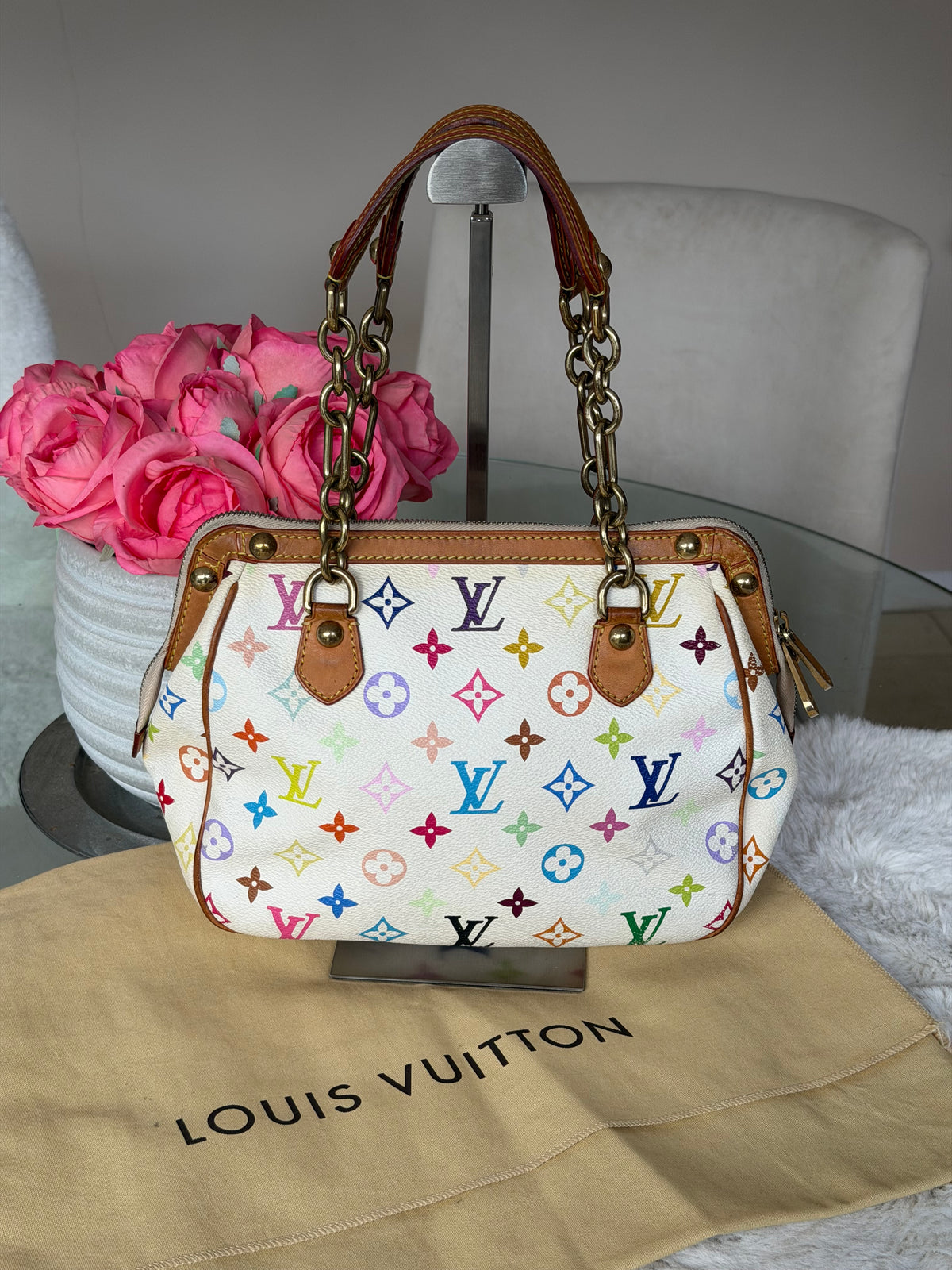 Louis Vuitton X Takashi Murakami Gracie MM in White Multicolour Monogram Canvas