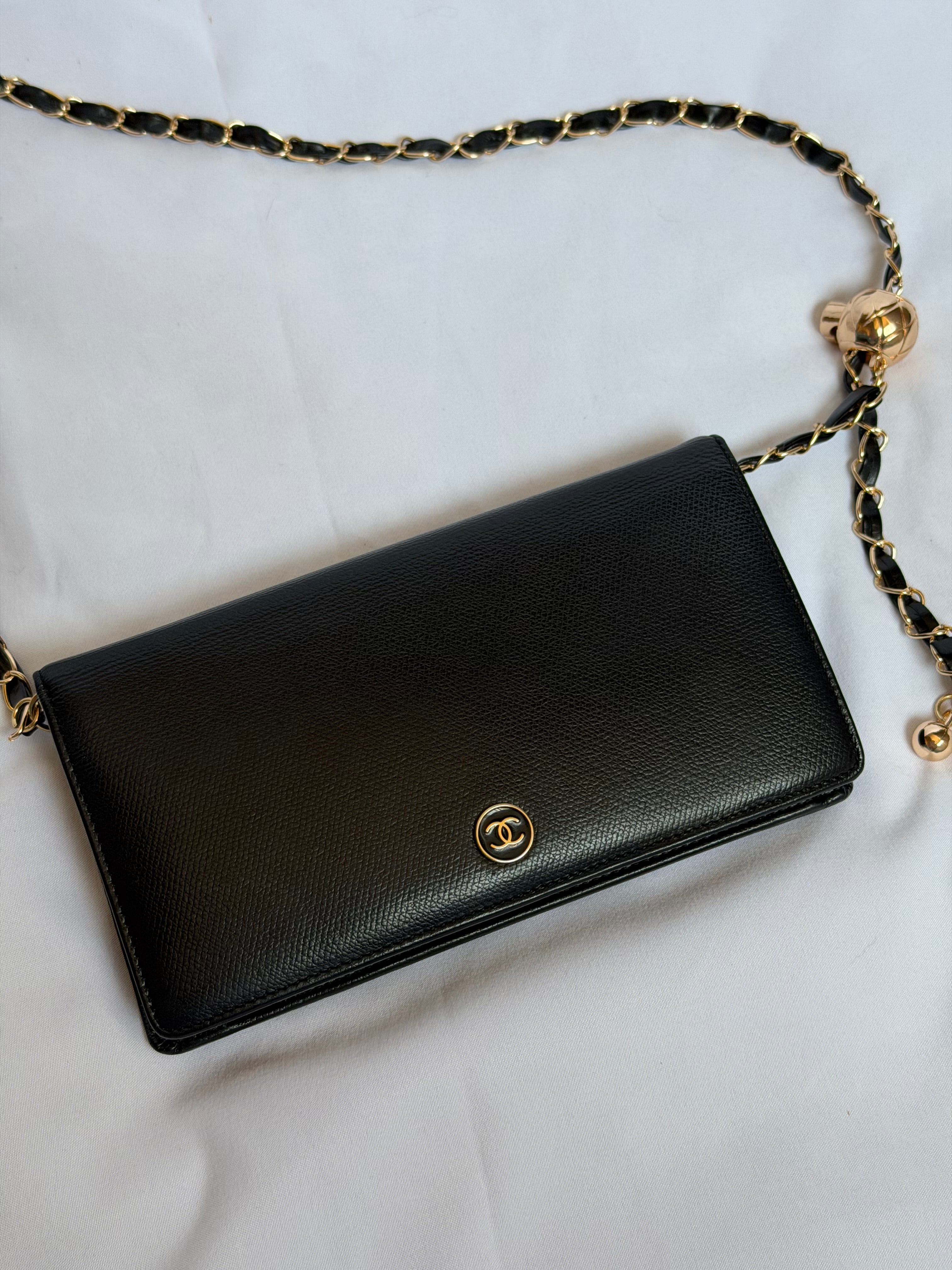 Chanel Wallet on Chain WOC in Black Leather with Gold Logo & Chain