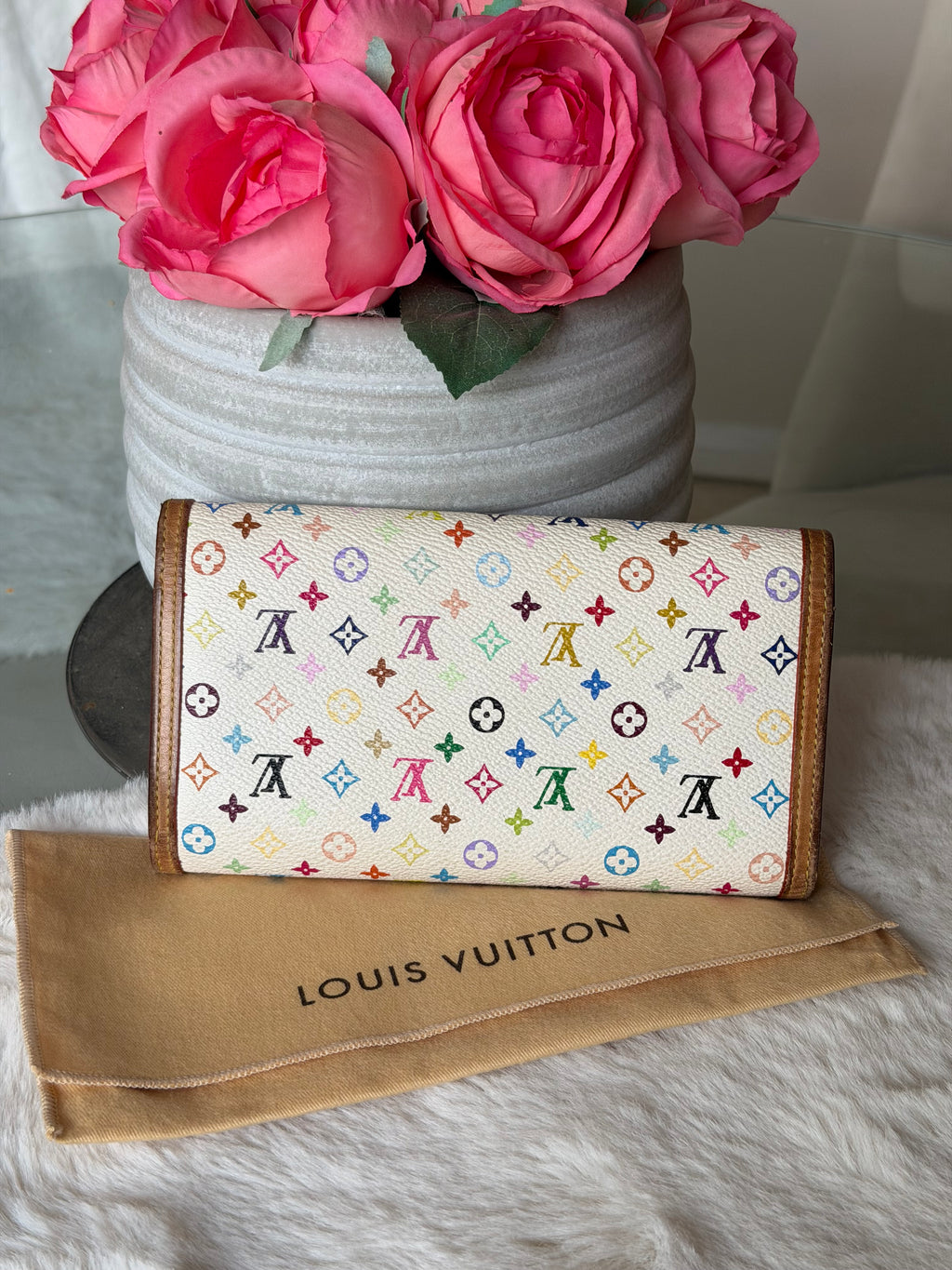 Louis Vuitton X Takashi Murakami Trifold Sarah Wallet in White Multicolour Monogram Canvas
