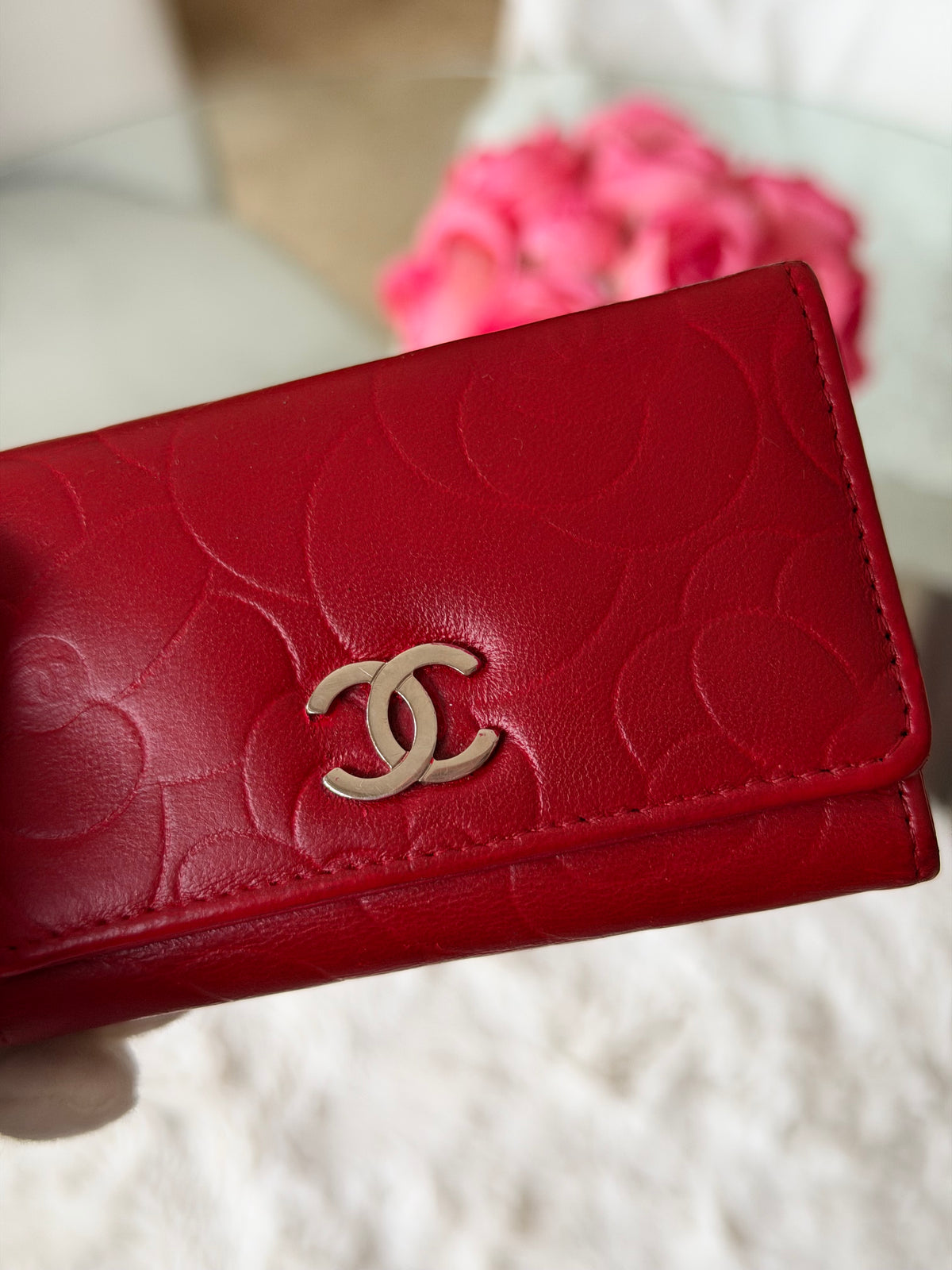 Chanel Red and Silver 6 Key Holder Wallet