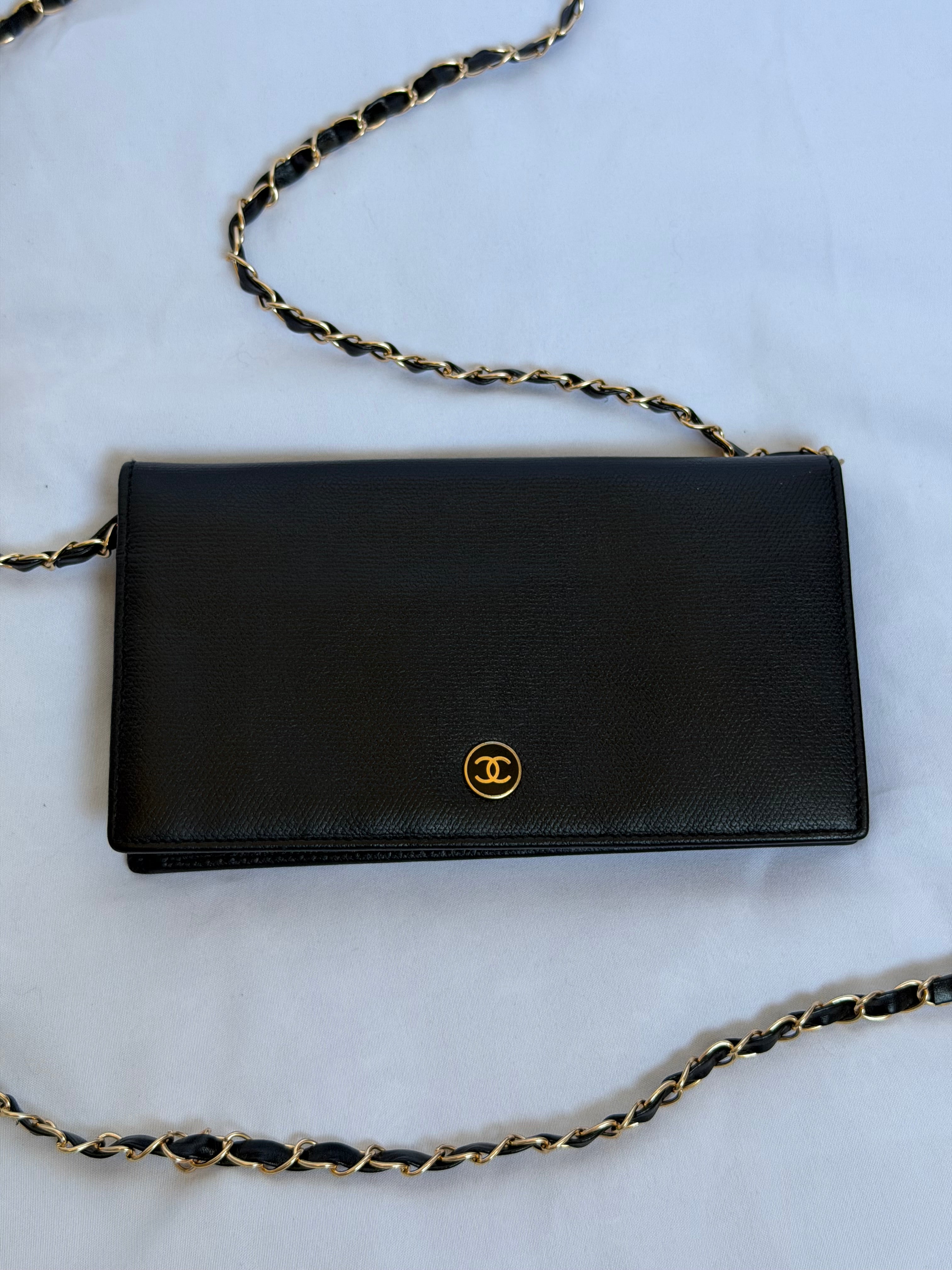 Chanel Wallet on Chain WOC in Black Leather, Gold Logo & Chain