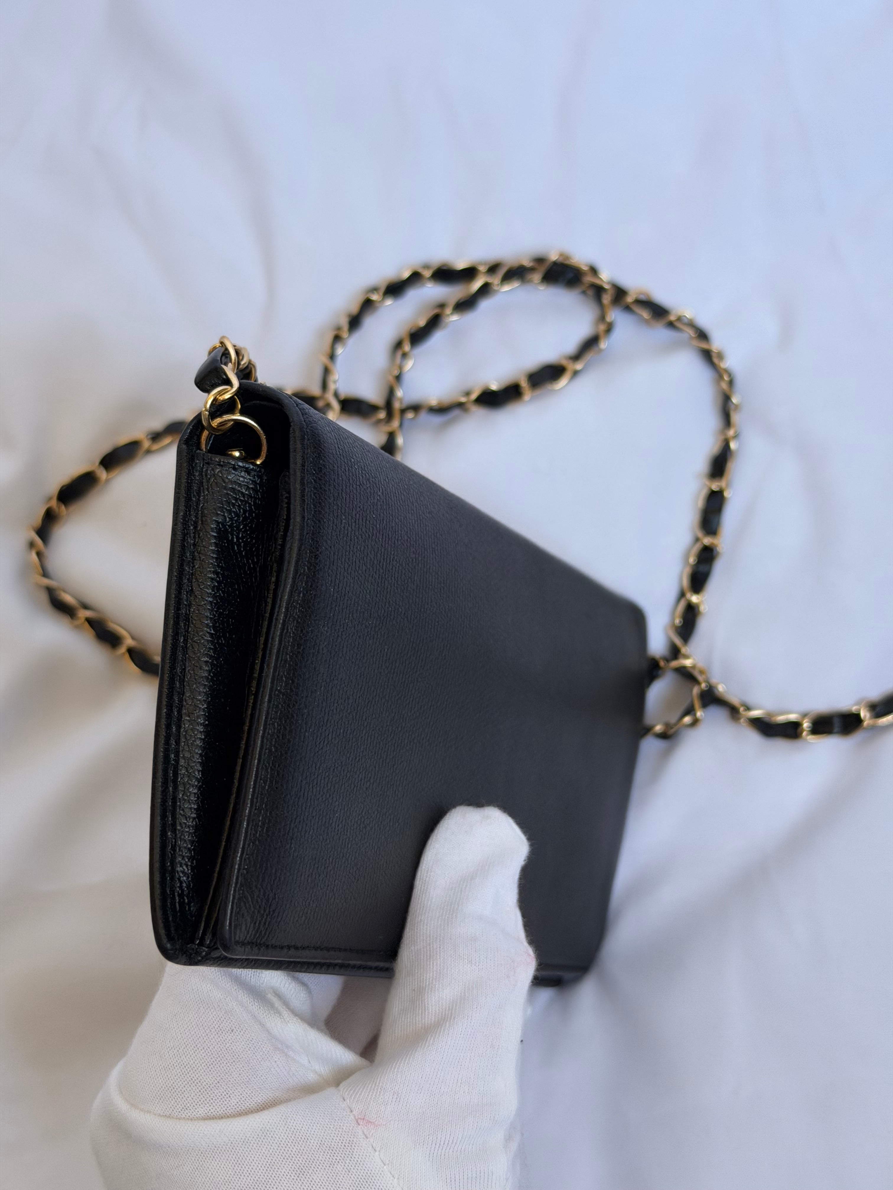 Chanel Wallet in Chain WOC in Black Leather, Gold Logo & Chain