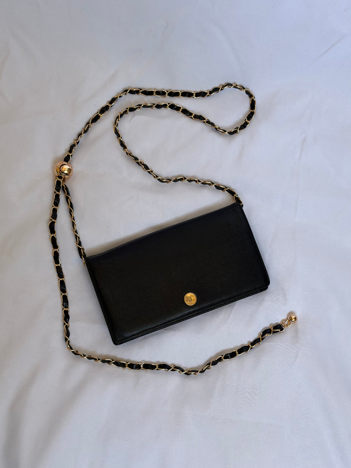 Chanel Wallet in Chain WOC in Black Leather, Gold Logo & Chain