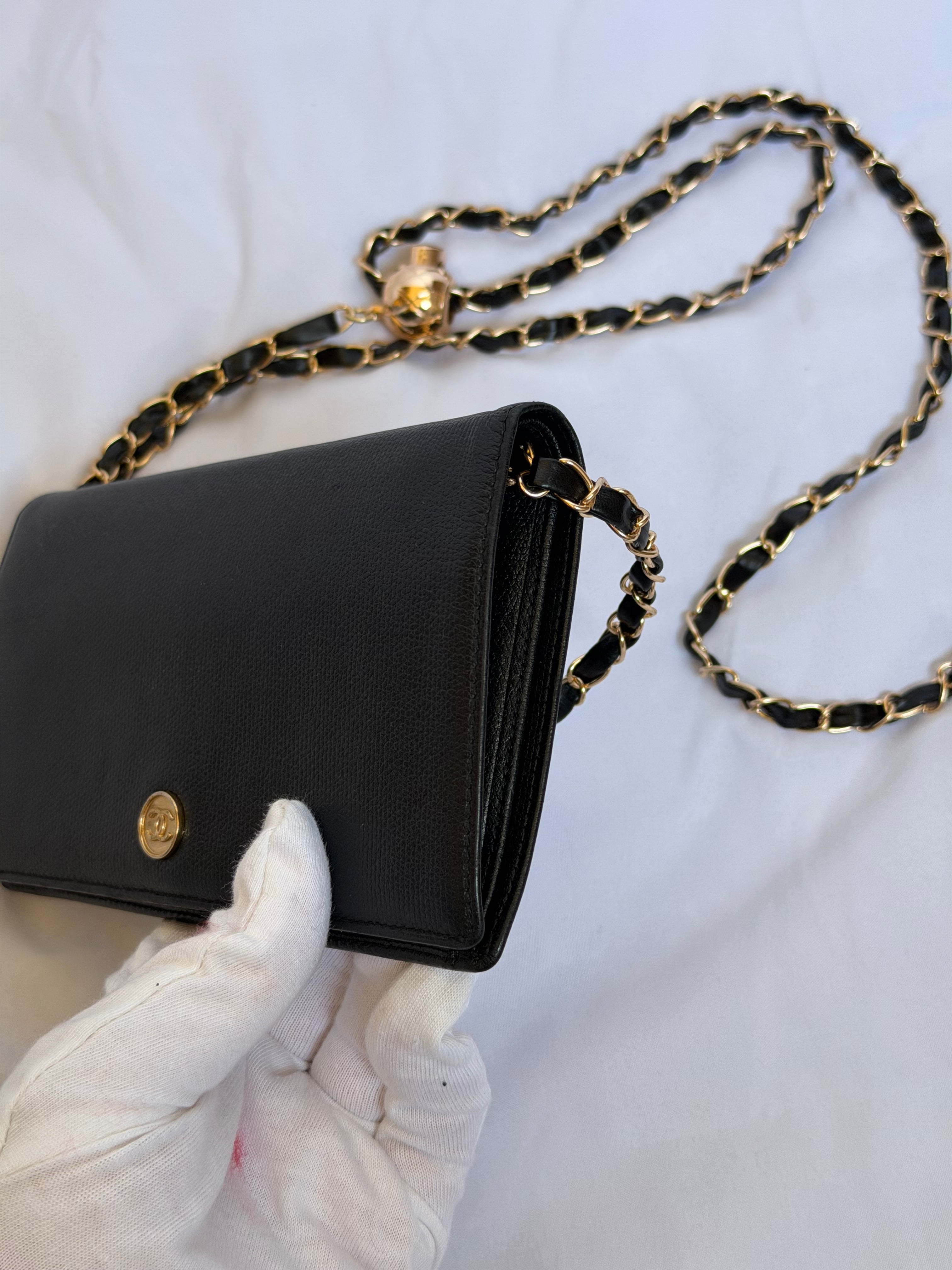 Chanel Wallet in Chain WOC in Black Leather, Gold Logo & Chain