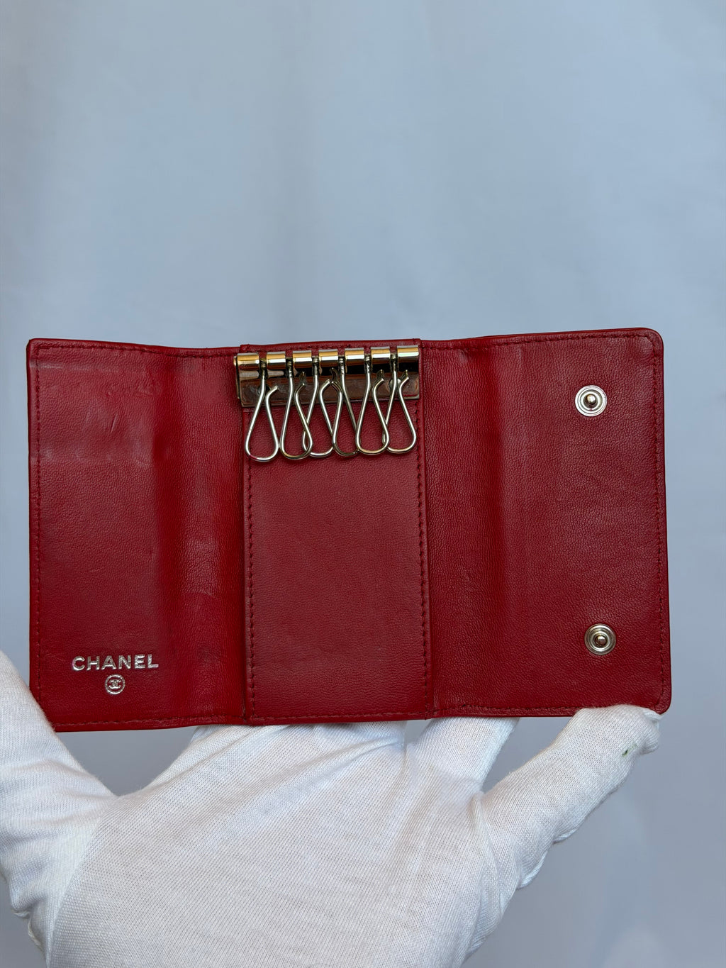 Chanel Red and Silver 6 Key Holder Wallet