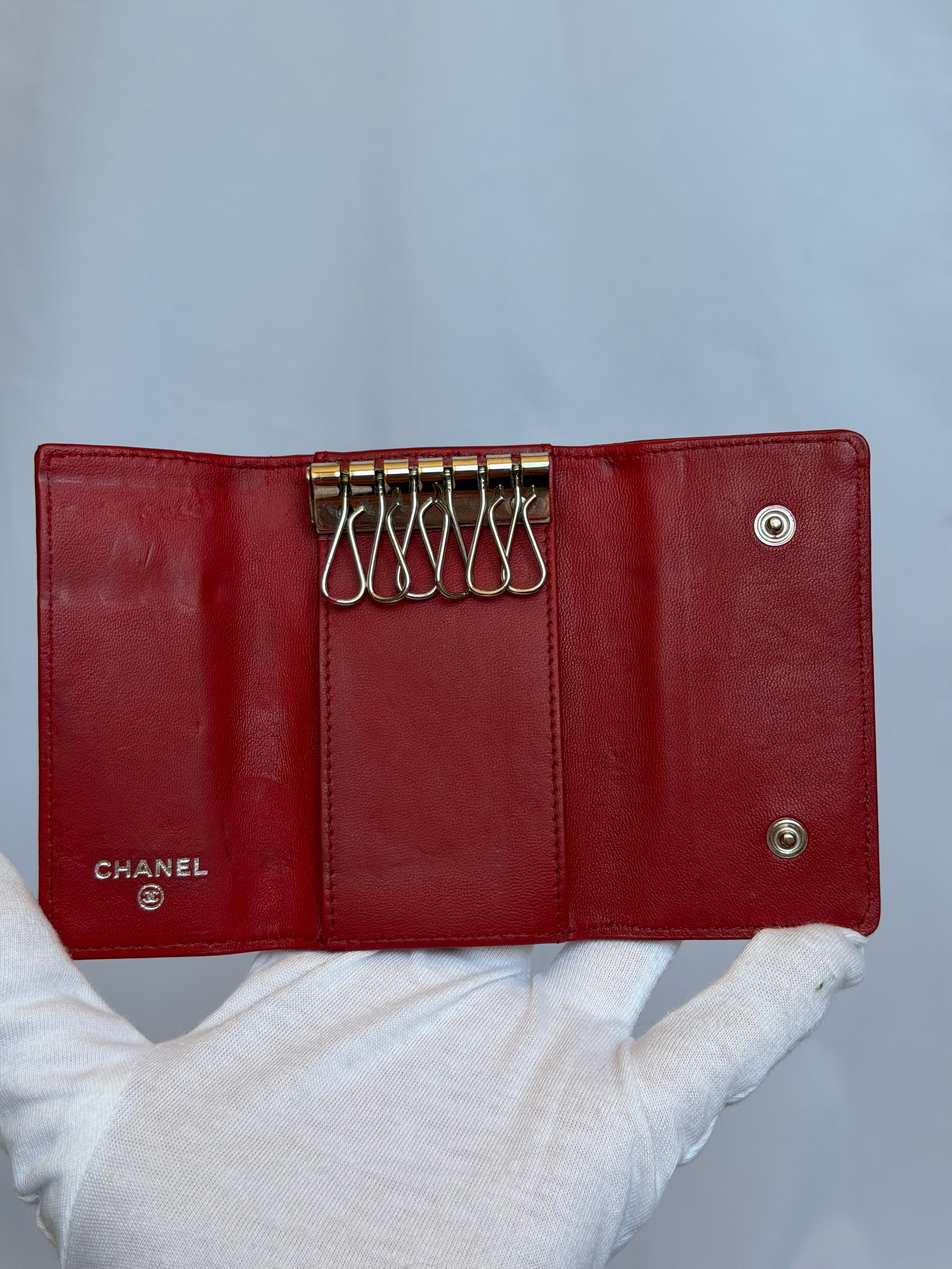 Chanel Red and Silver 6 Key Holder Wallet