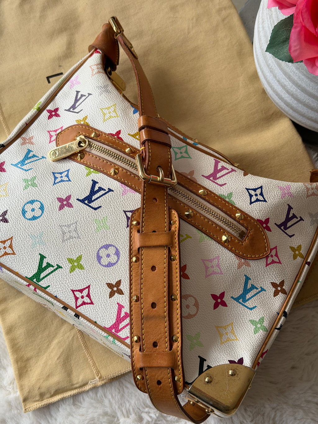 Louis Vuitton X Takashi Murakami Boulonge in White Multicolour Monogram Canvas