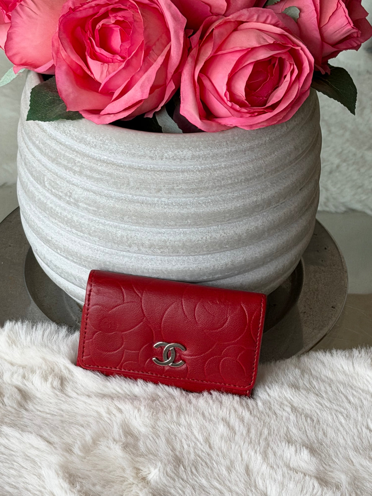 Chanel Red and Silver 6 Key Holder Wallet