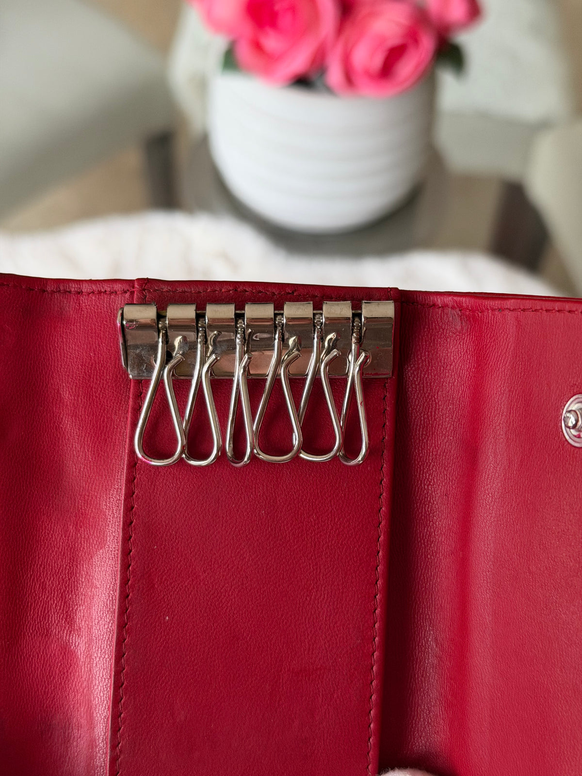 Chanel Red and Silver 6 Key Holder Wallet