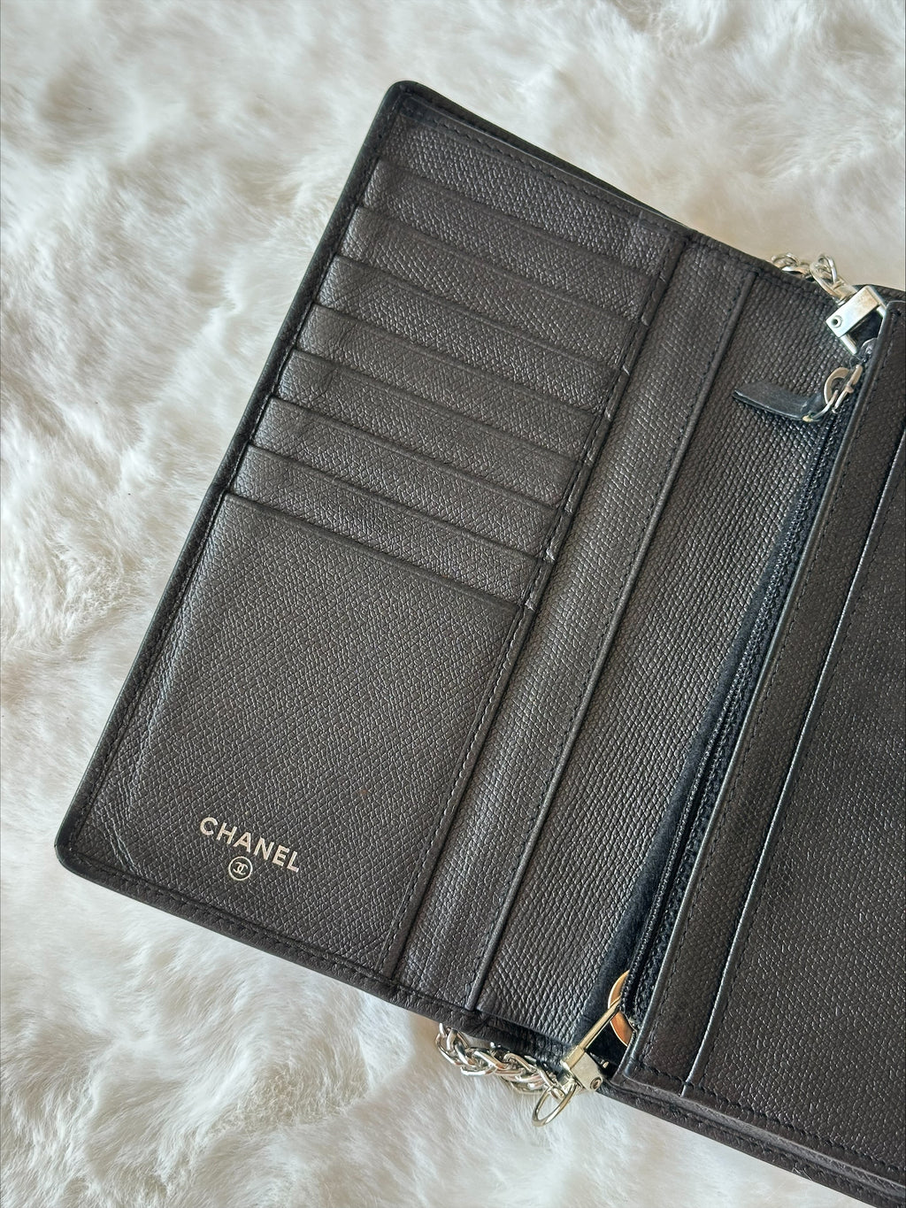 Chanel Black Leather Wallet on Chain - Silver Logo & Chain