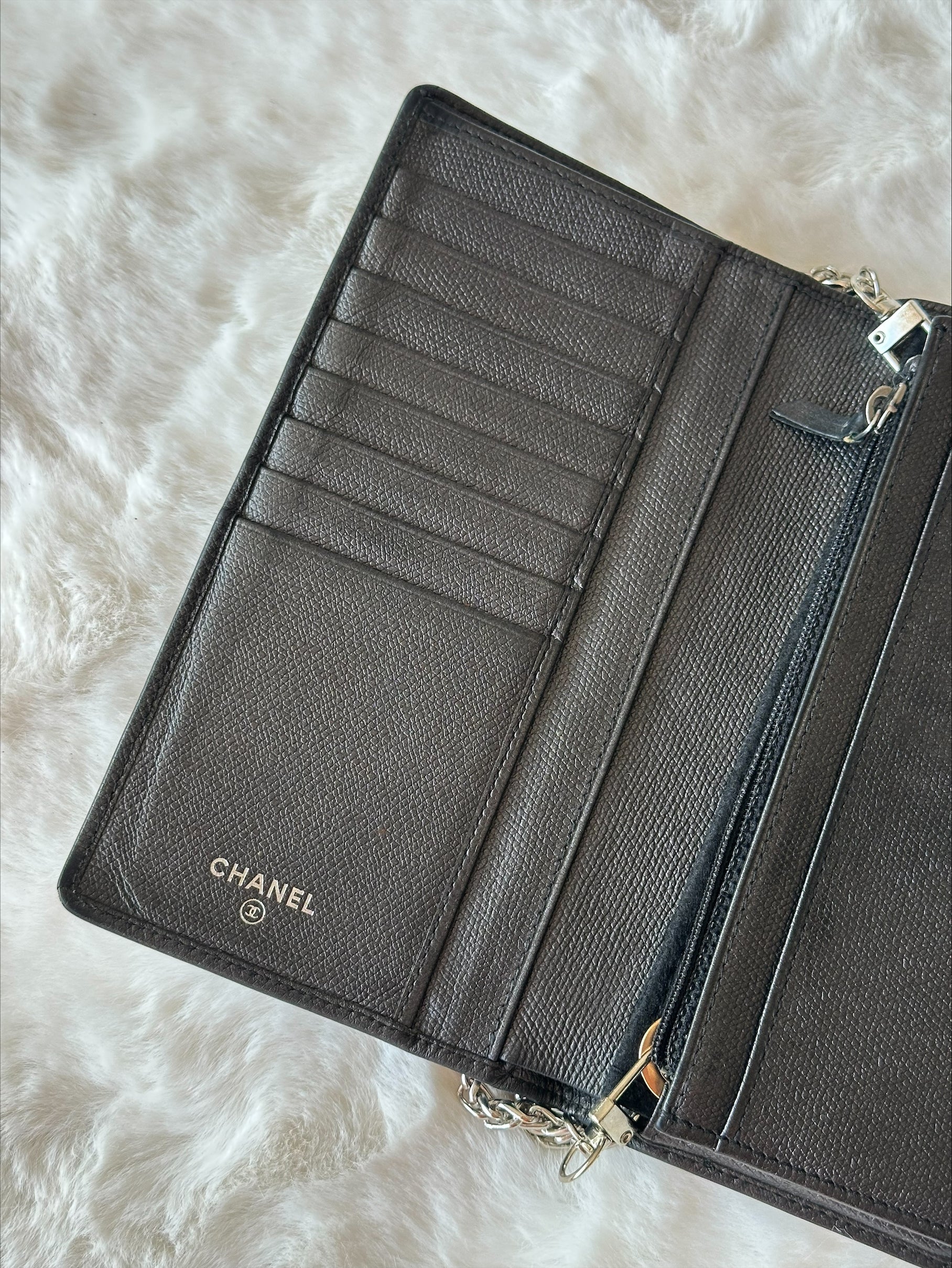 Chanel Black Leather Wallet on Chain - Silver Logo & Chain