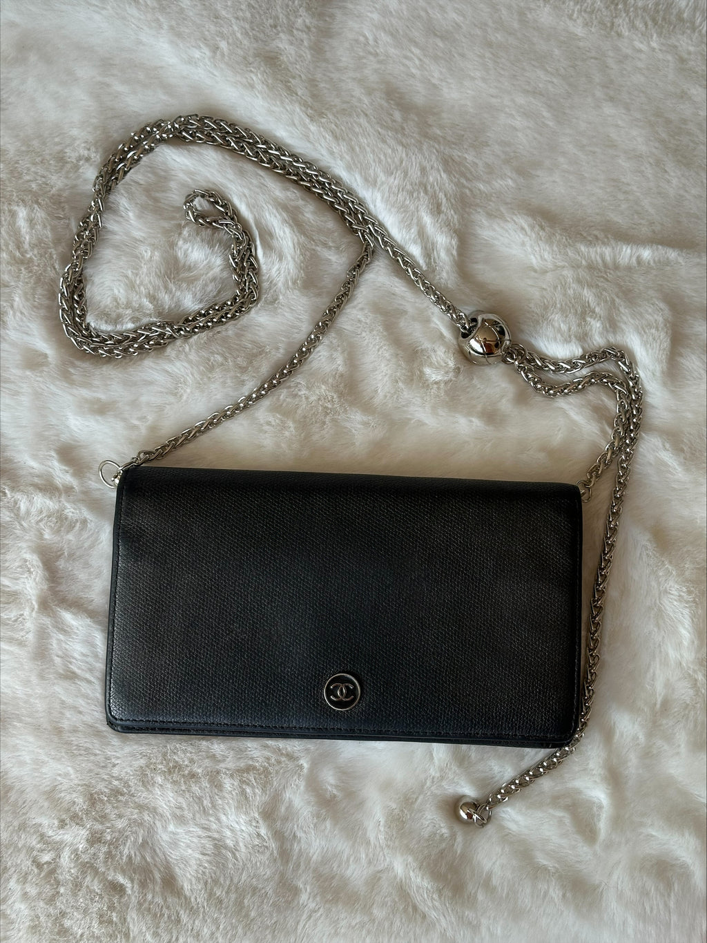 Chanel Black Leather Wallet on Chain - Silver Logo & Chain