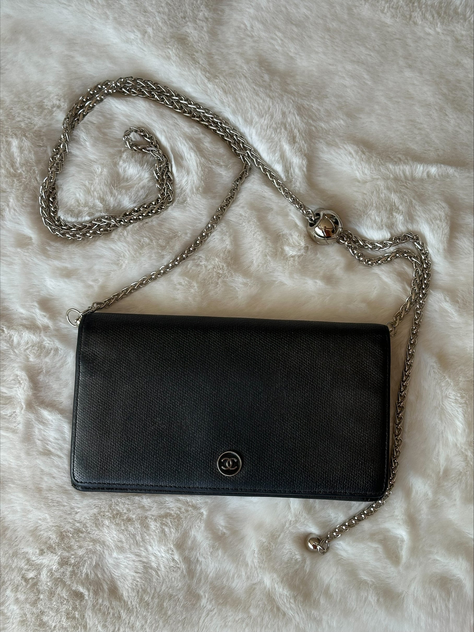 Chanel Black Leather Wallet on Chain - Silver Logo & Chain