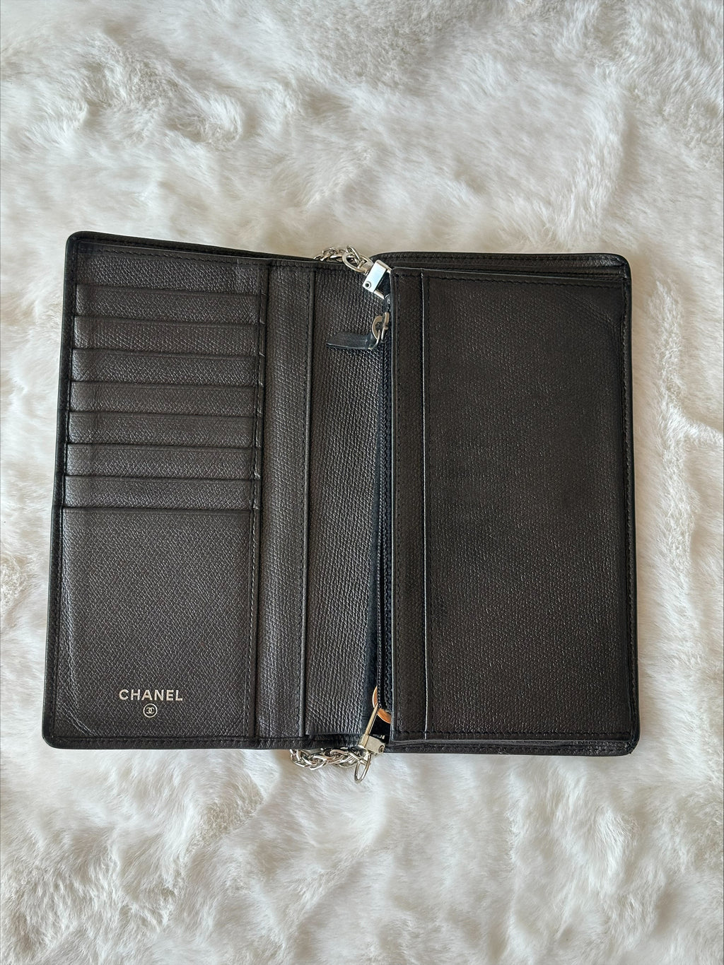 Chanel Black Leather Wallet on Chain - Silver Logo & Chain