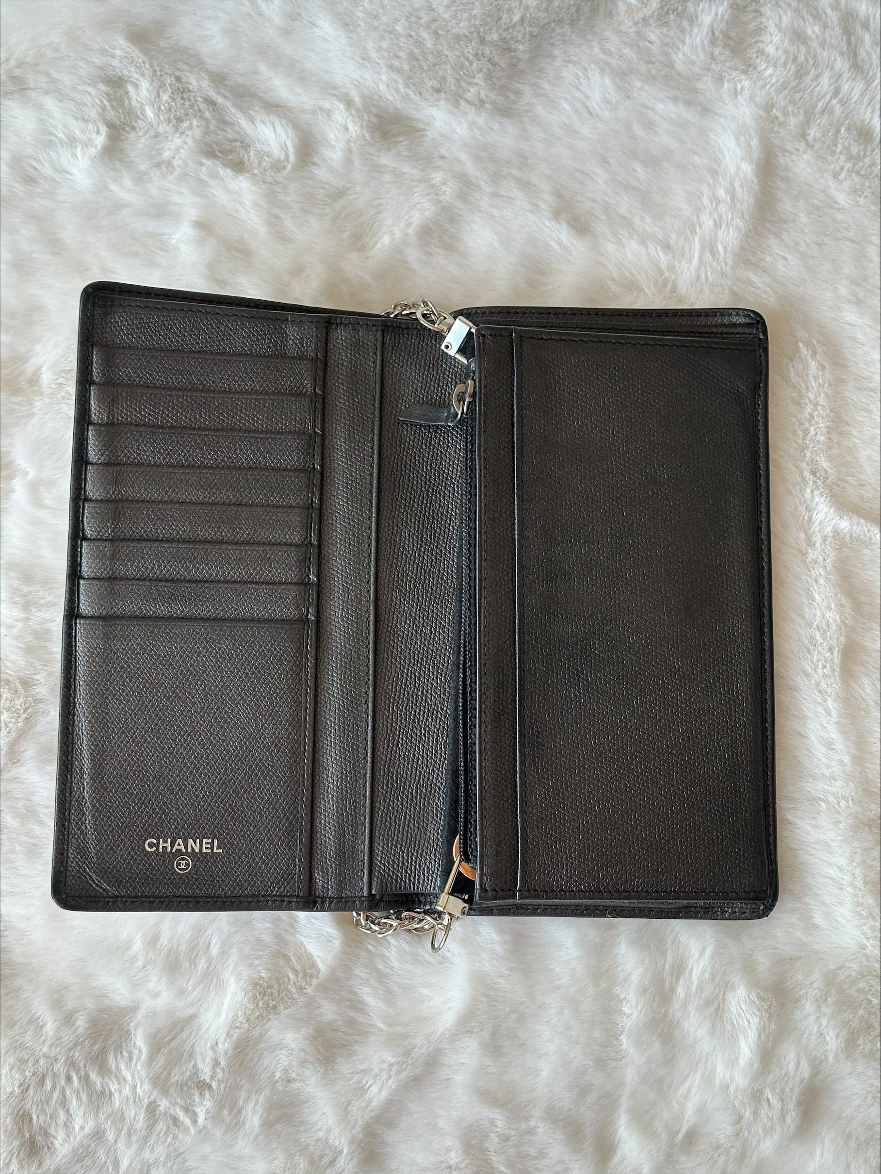 Chanel Black Leather Wallet on Chain - Silver Logo & Chain