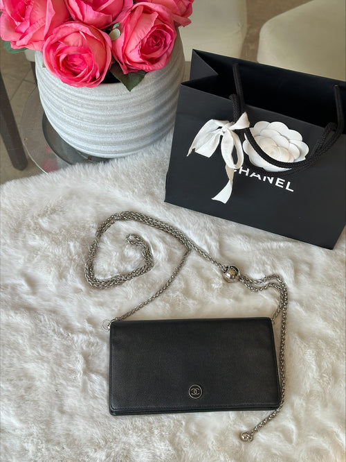 Chanel Black Leather Wallet on Chain - Silver Logo & Chain