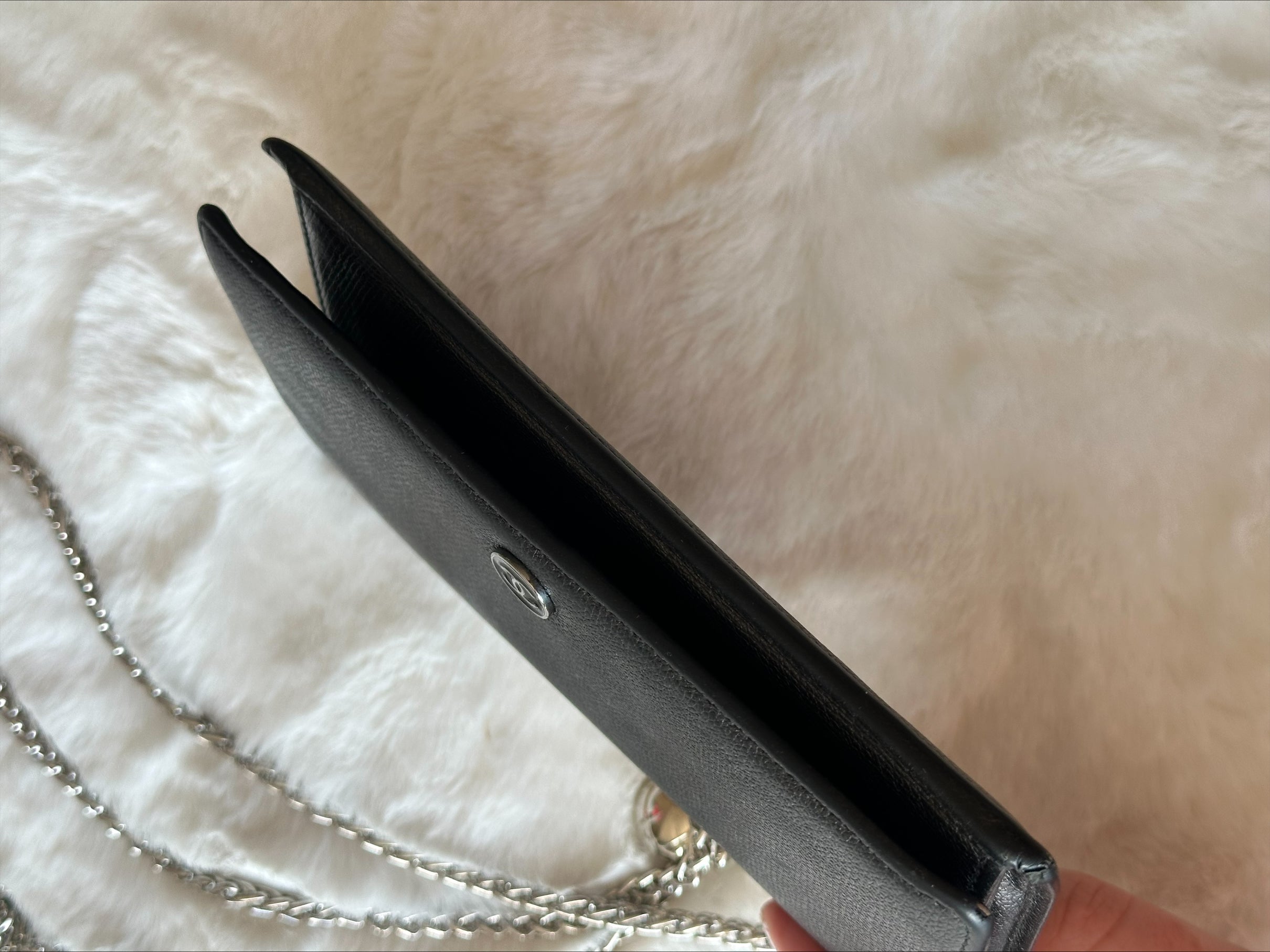Chanel Black Leather Wallet on Chain - Silver Logo & Chain