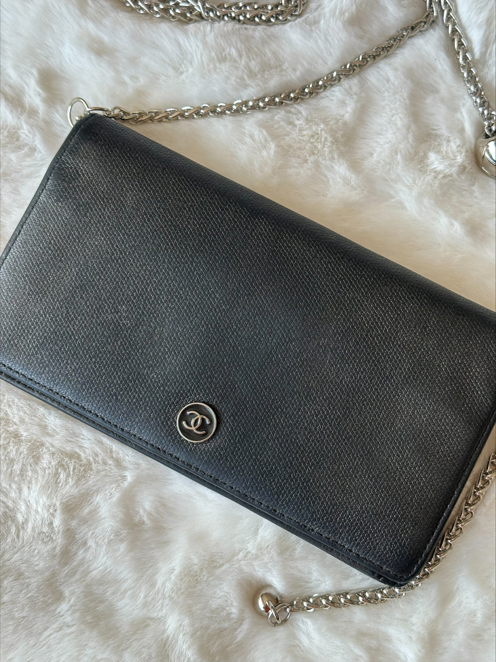 Chanel Black Leather Wallet on Chain - Silver Logo & Chain