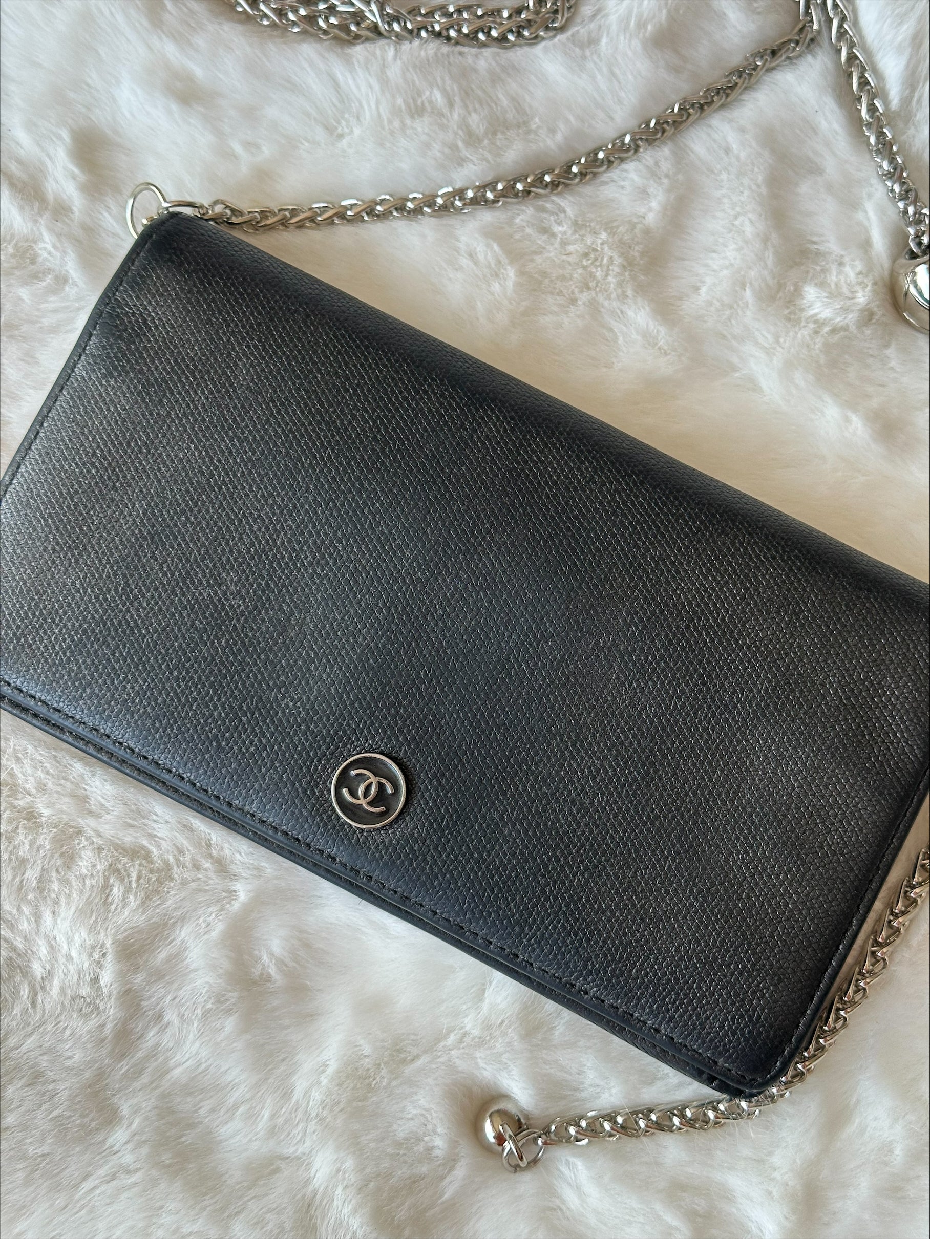 Chanel Black Leather Wallet on Chain - Silver Logo & Chain