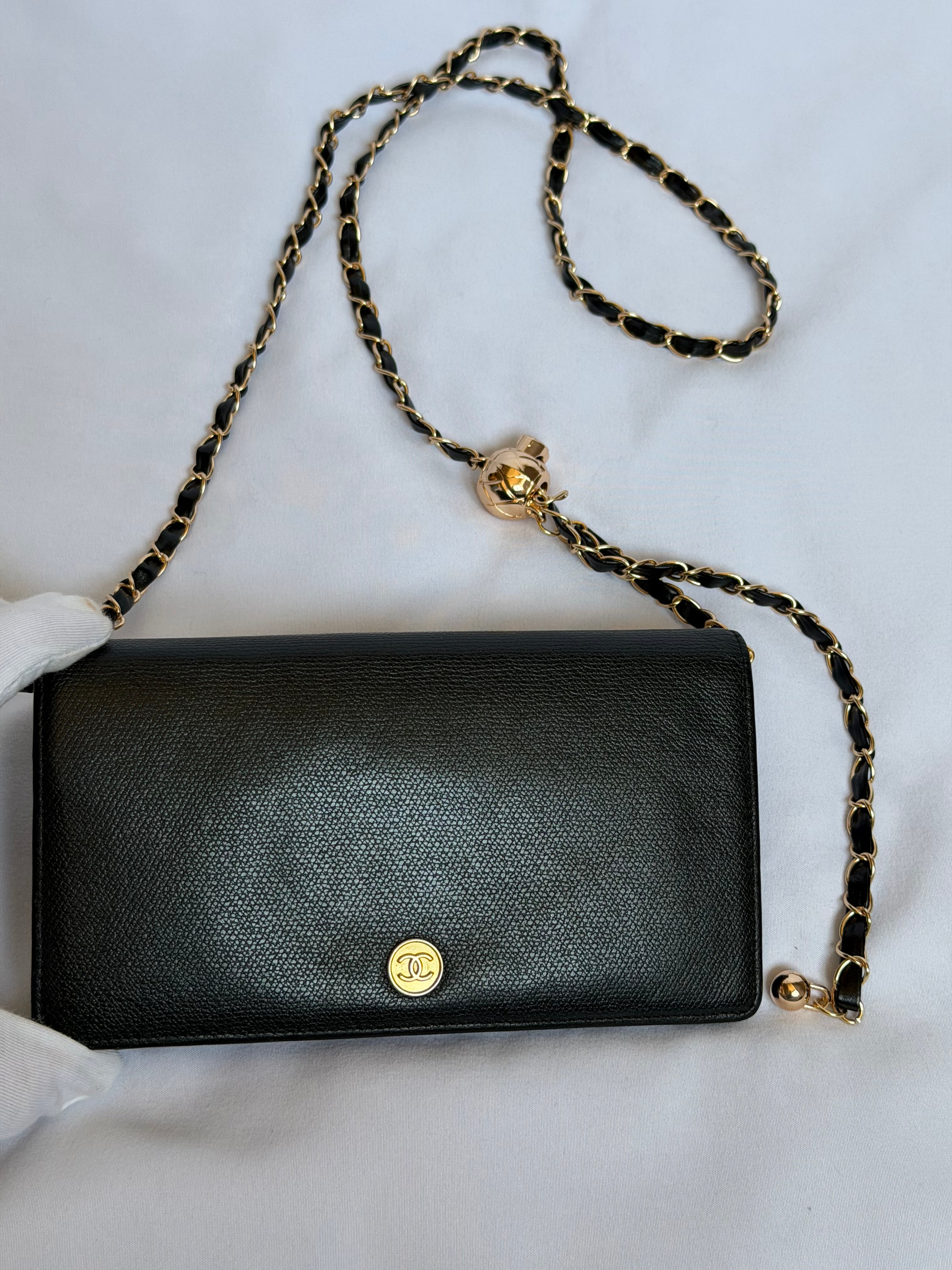Chanel Wallet on Chain WOC in Black Leather with Gold Solid Logo