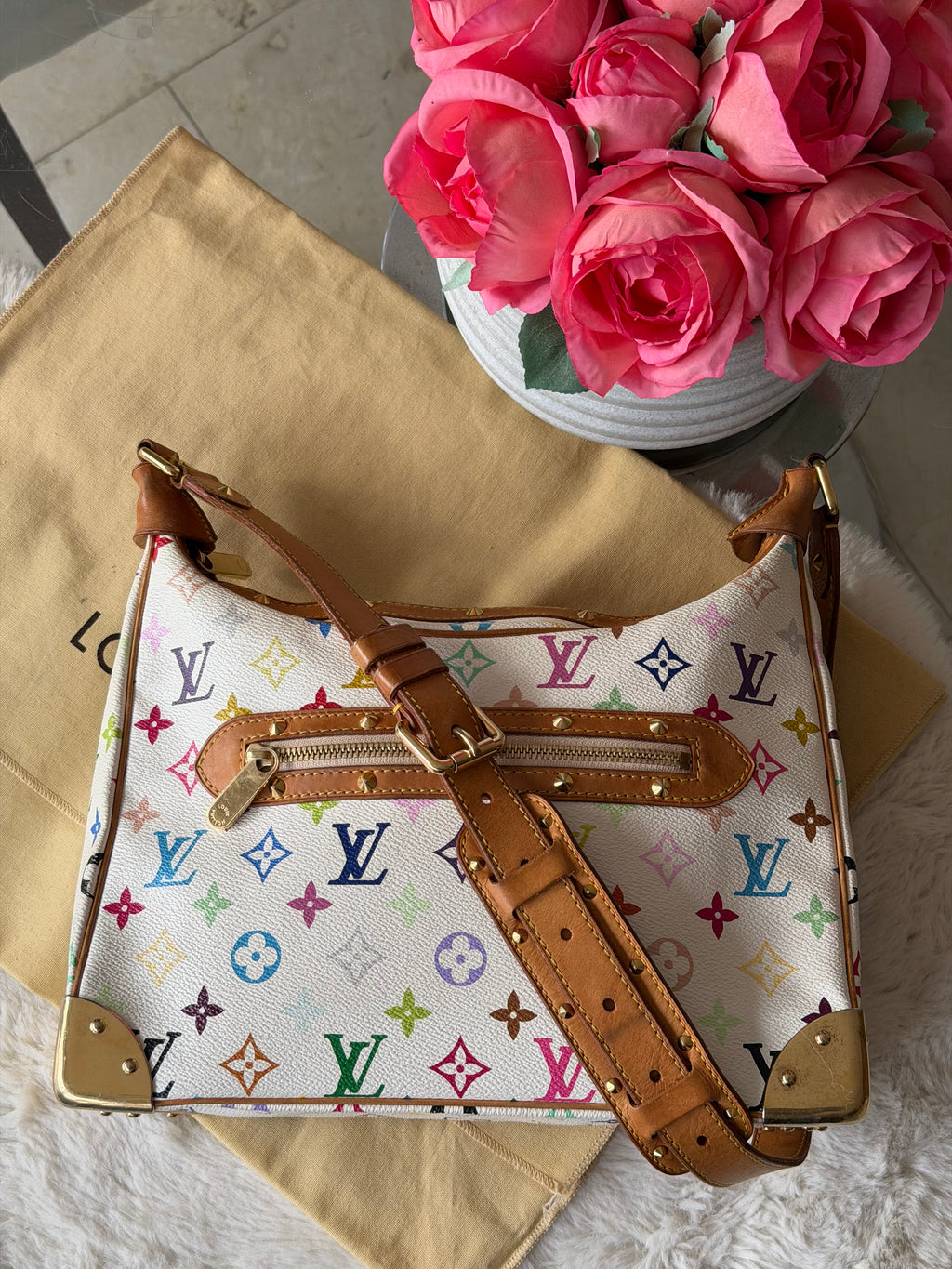 Louis Vuitton X Takashi Murakami Boulonge in White Multicolour Monogram Canvas