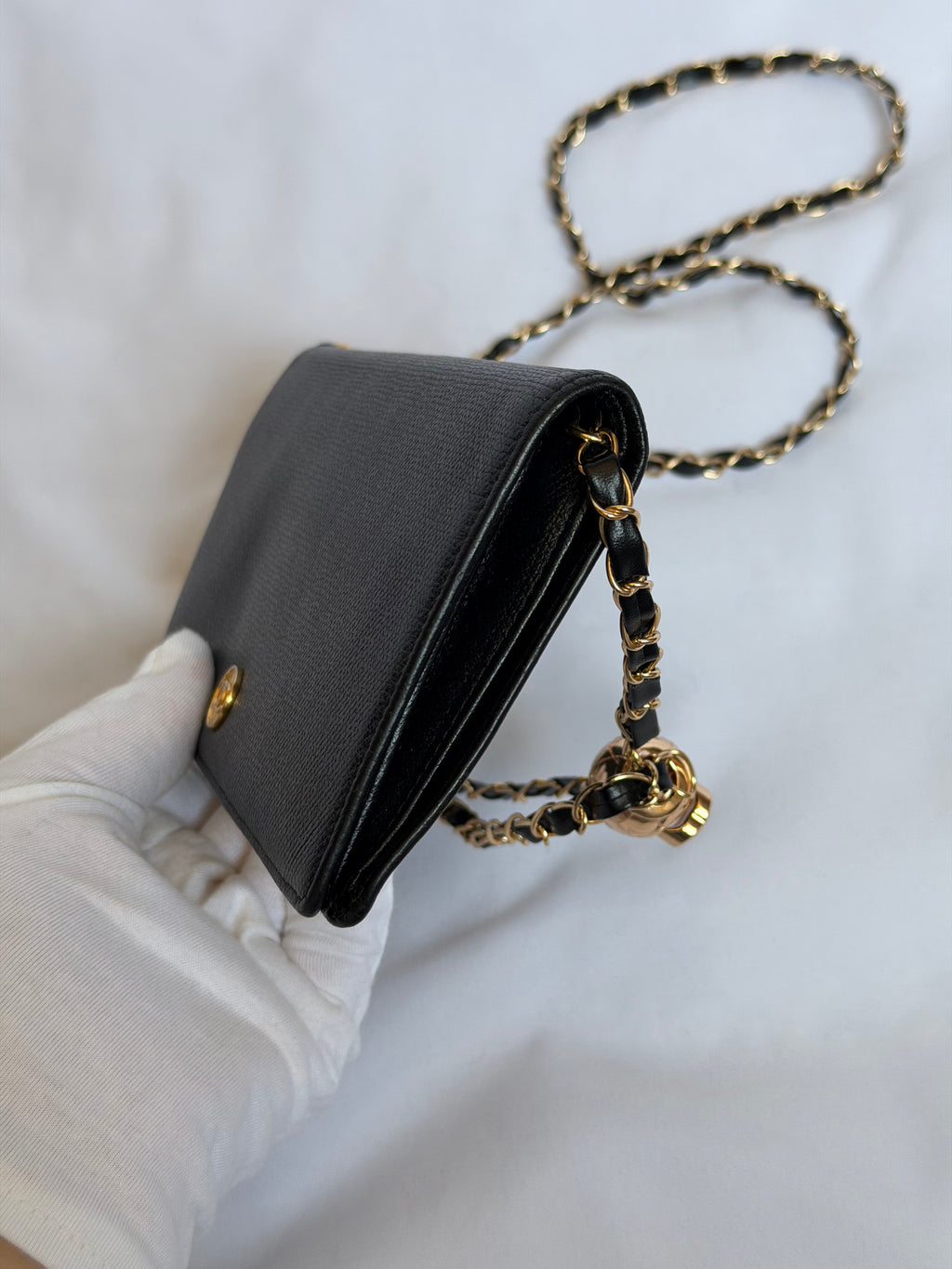 Chanel Wallet on Chain WOC in Black Leather with Gold Solid Logo