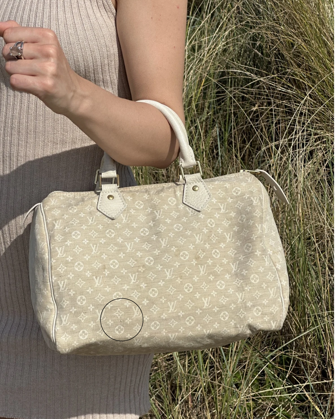 Louis Vuitton Speedy 30 in Cream Dune Monogram Mini Lin Canvas with Lock & Key