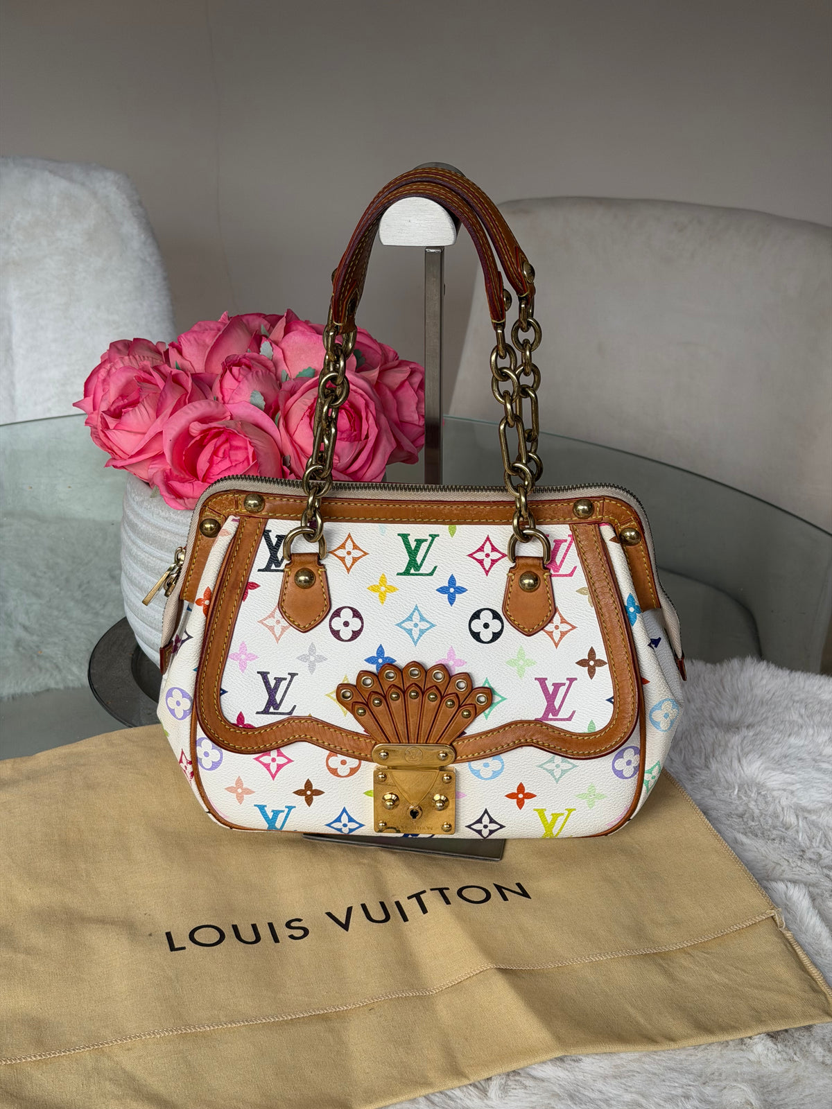 Louis Vuitton X Takashi Murakami Gracie MM in White Multicolour Monogram Canvas