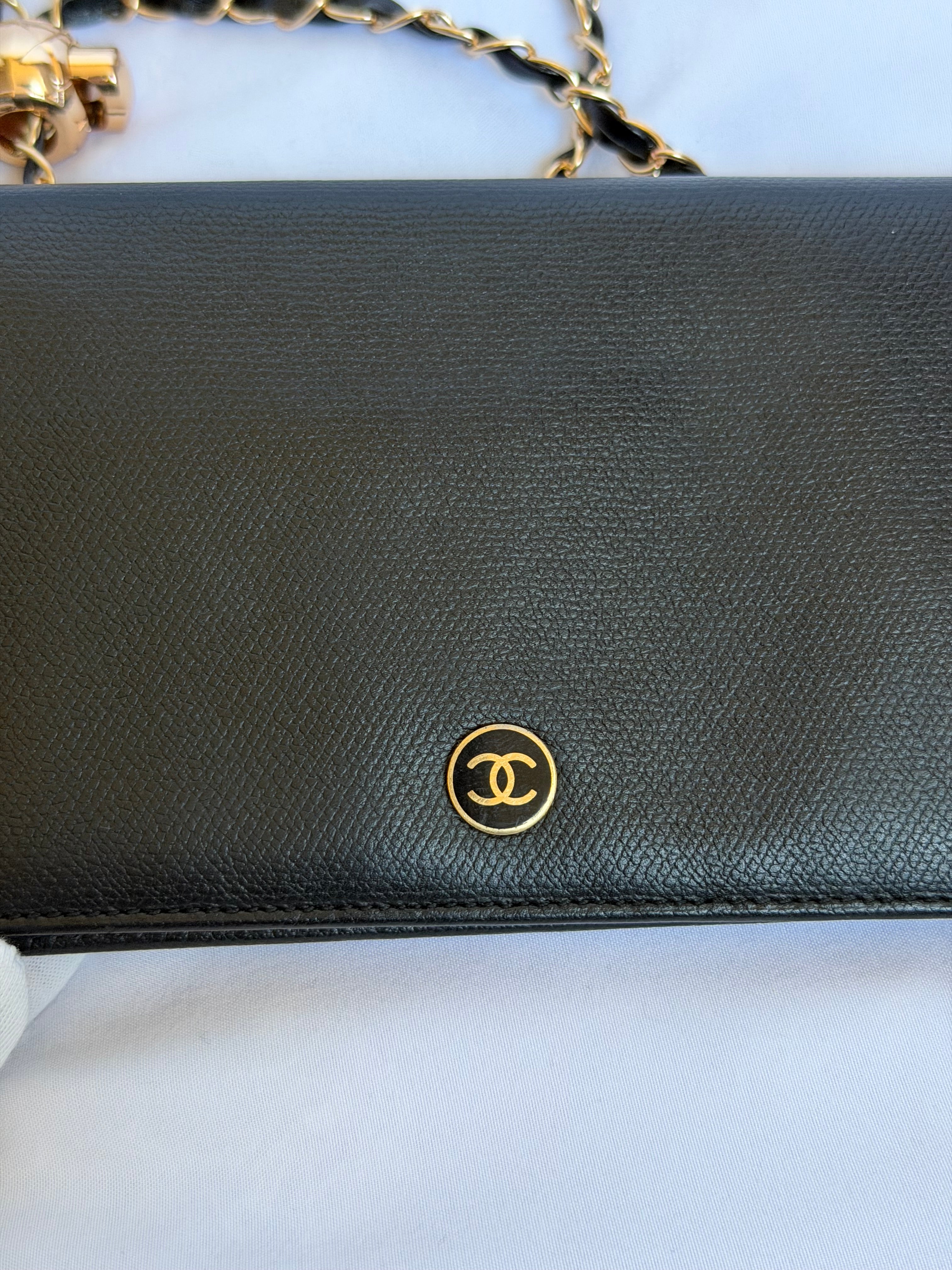 Chanel Wallet on Chain WOC in Black Leather, Gold Logo & Chain