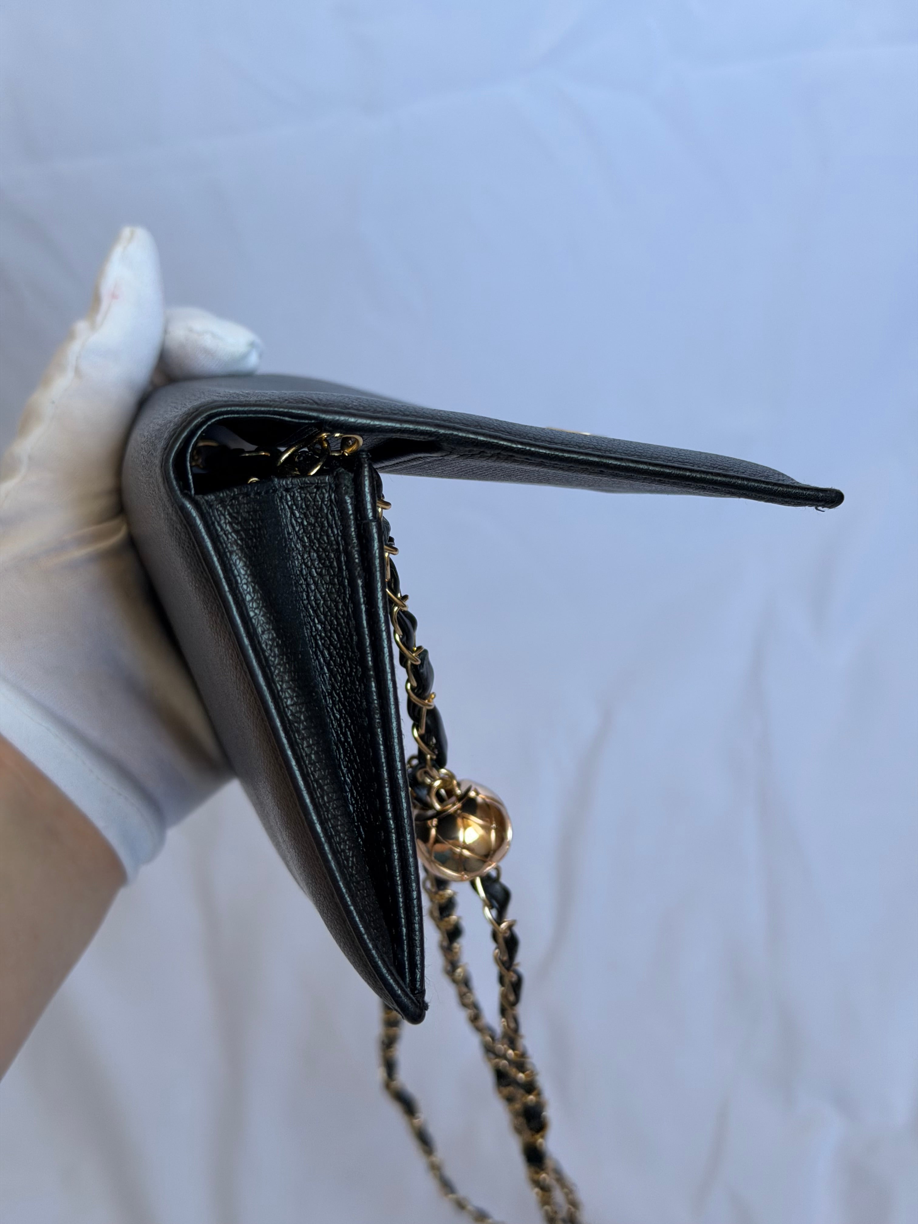 Chanel Wallet in Chain WOC in Black Leather, Gold Logo & Chain