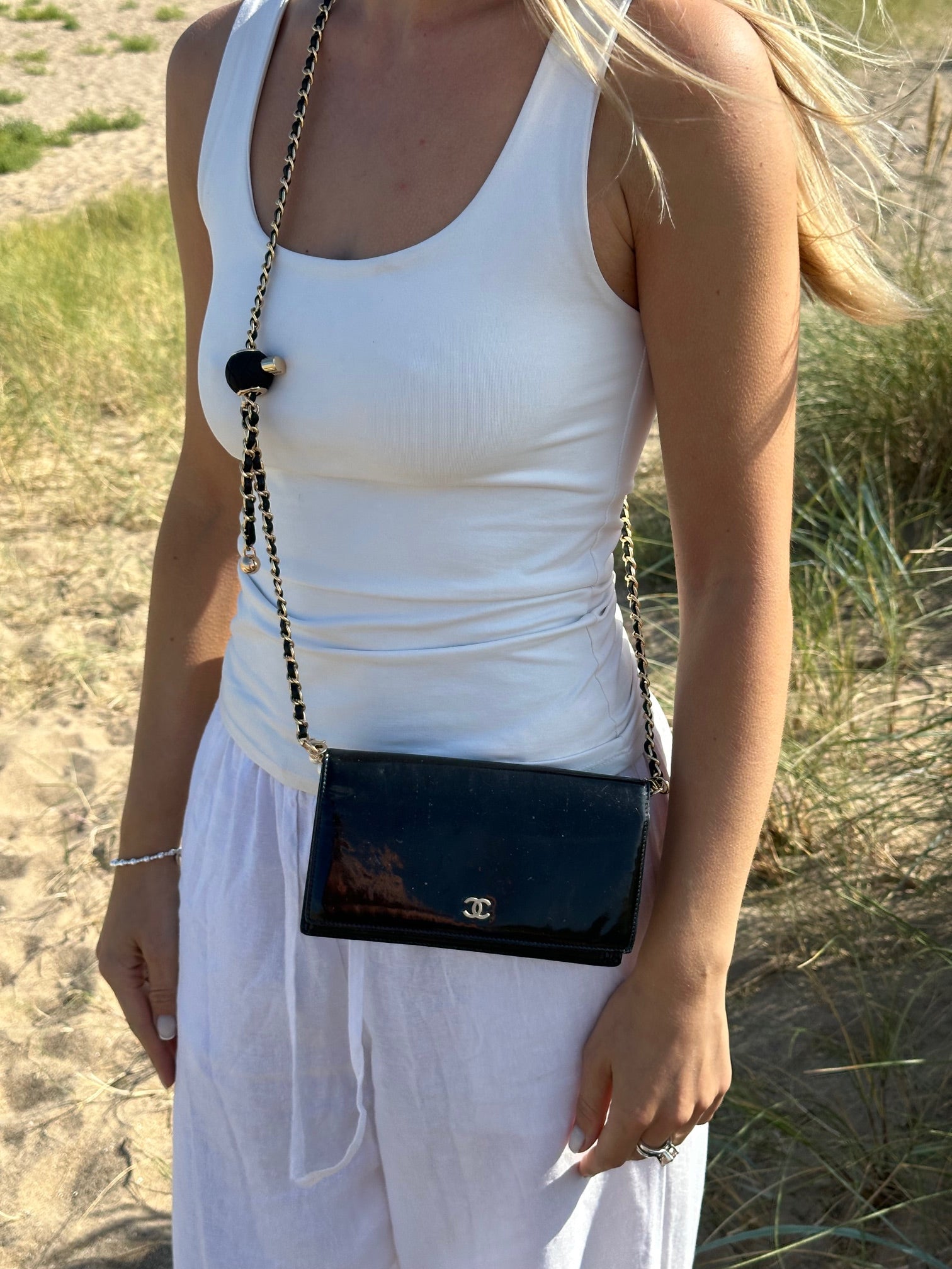 Chanel Black Patent Leather CC Wallet on Chain with Pearl Chain