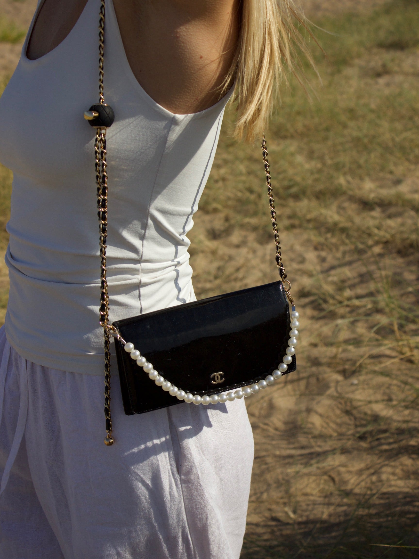 Chanel Black Patent Leather CC Wallet on Chain with Pearl Chain